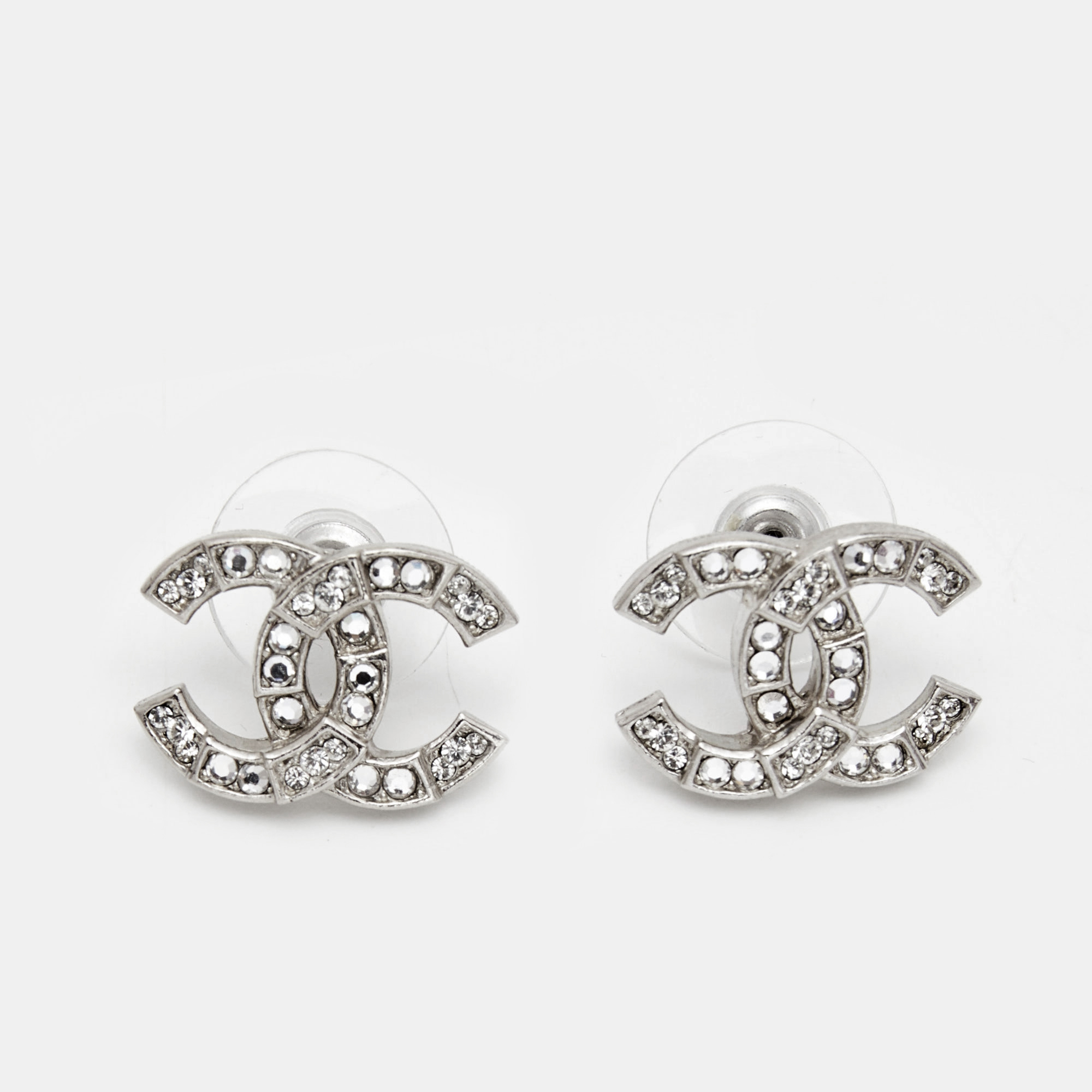 Pre Owned Chanel CC Crystals SIlver Tone Earrings