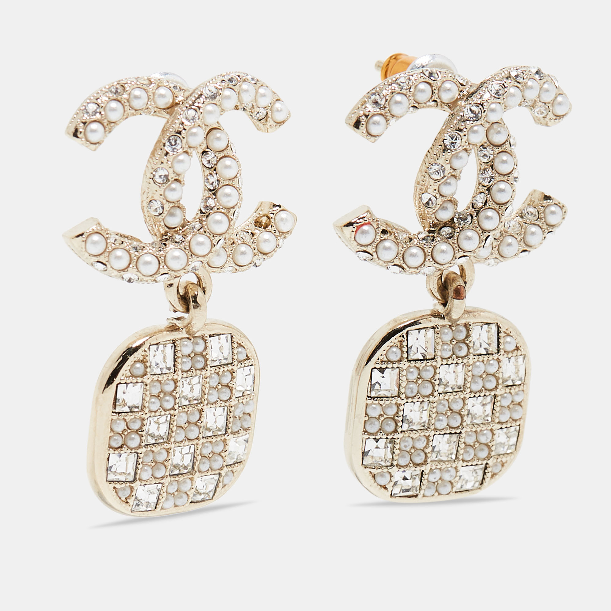 

Chanel CC Crystal Faux Pearl Gold Tone Earrings