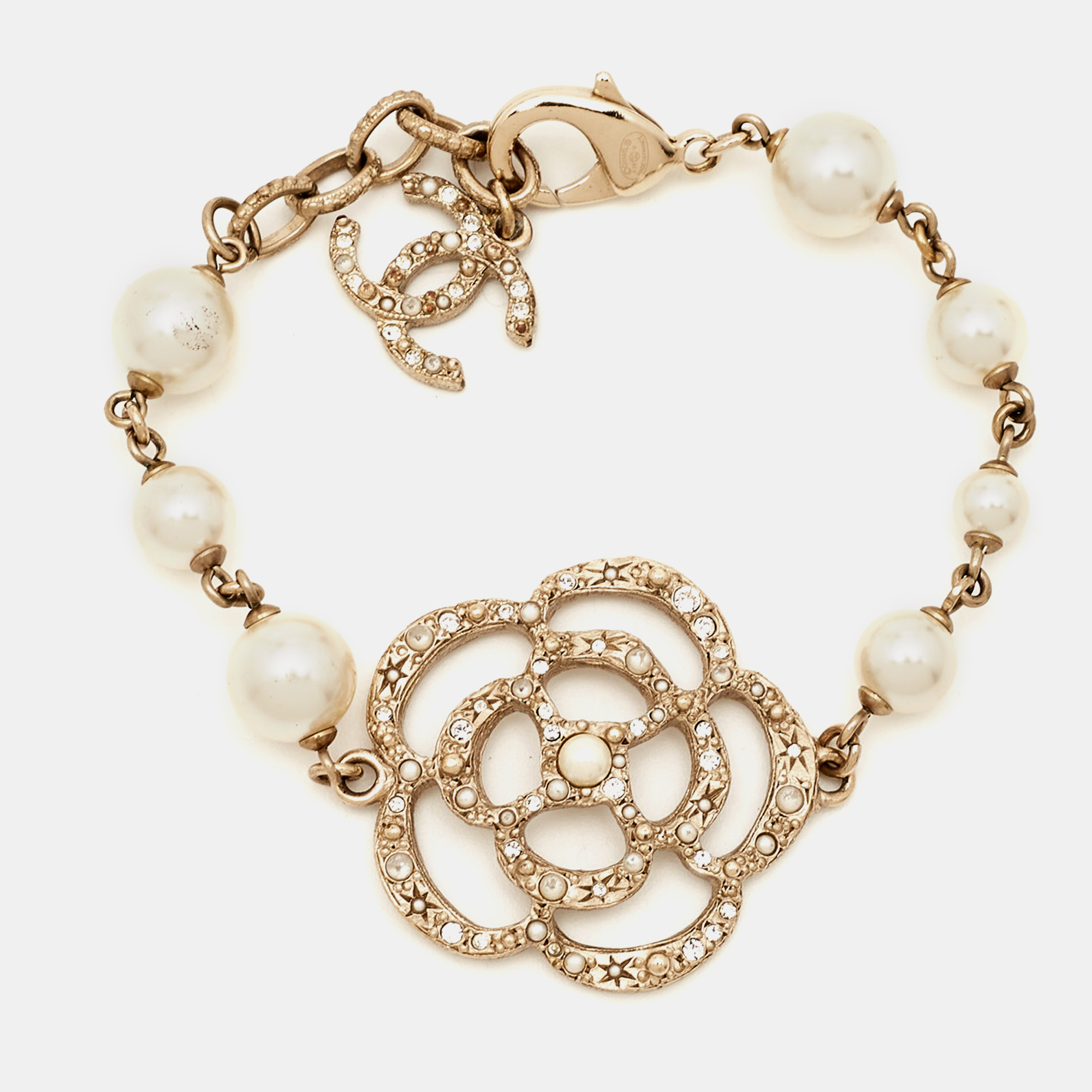

Chanel CC Rose Faux Pearl Crystal Gold Tone Bracelet