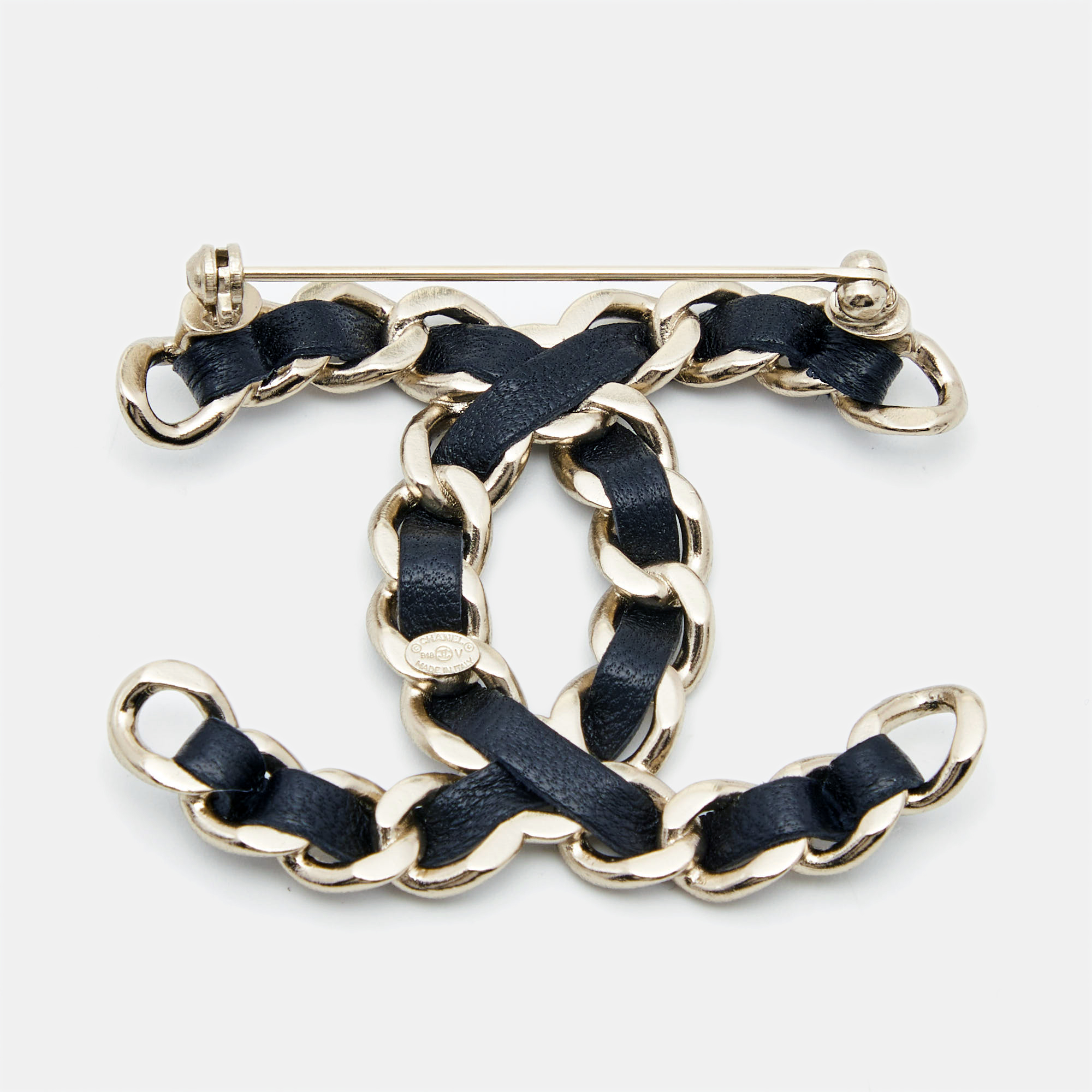 

Chanel CC Black Leather Gold Tone Brooch