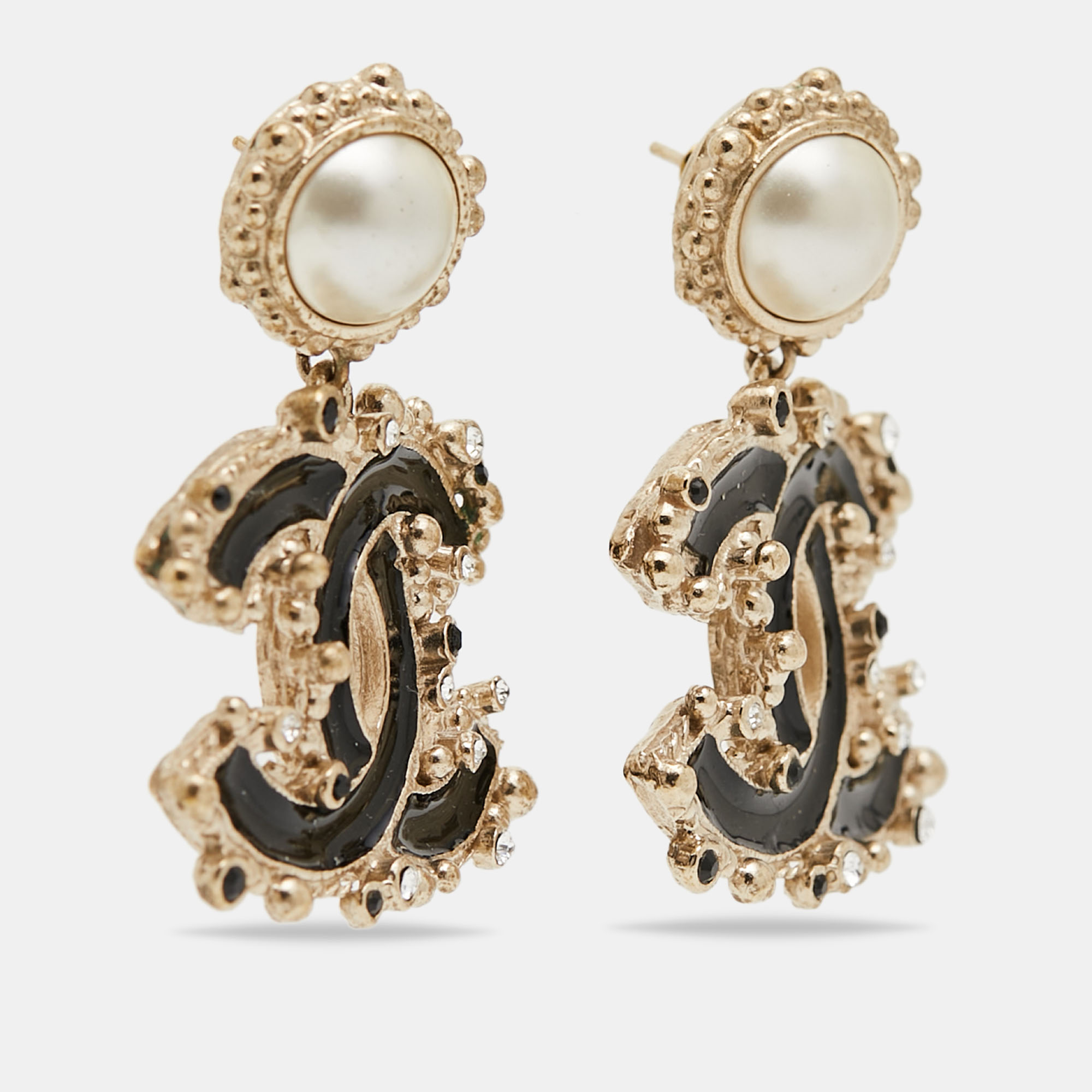 

Chanel CC Enamel Crystal Faux Pearl Gold Tone Earrings