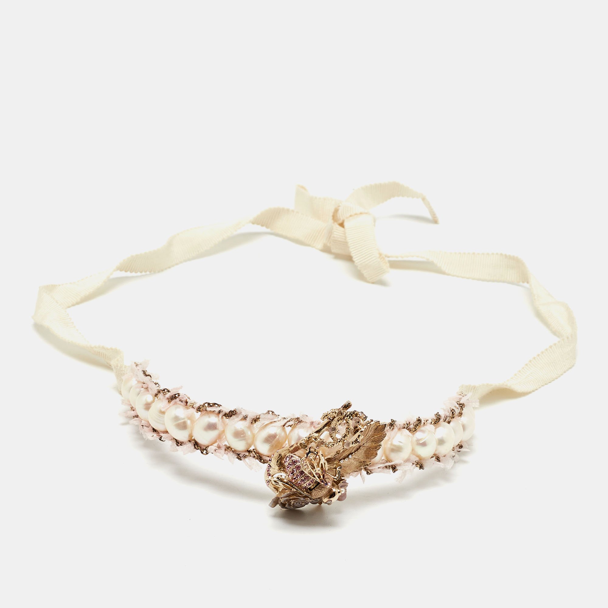 

Chanel Strass Bee Crystal Enamel Gold Tone Fabric Choker Necklace