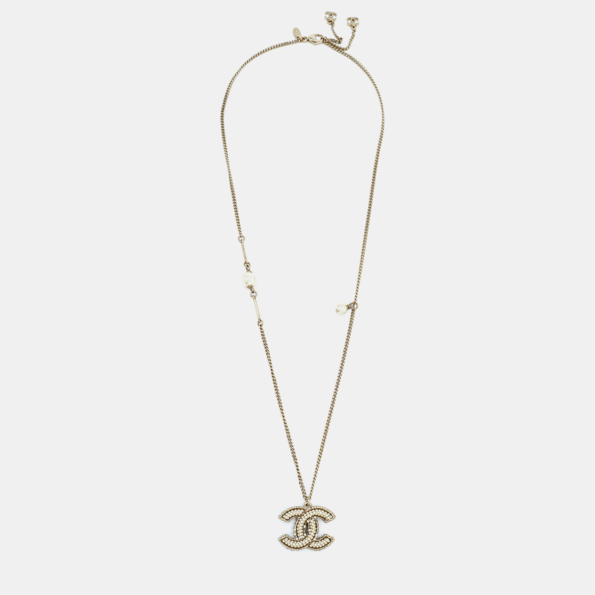 

Chanel CC Faux Pearl Crystal Gold Tone Pendant Necklace