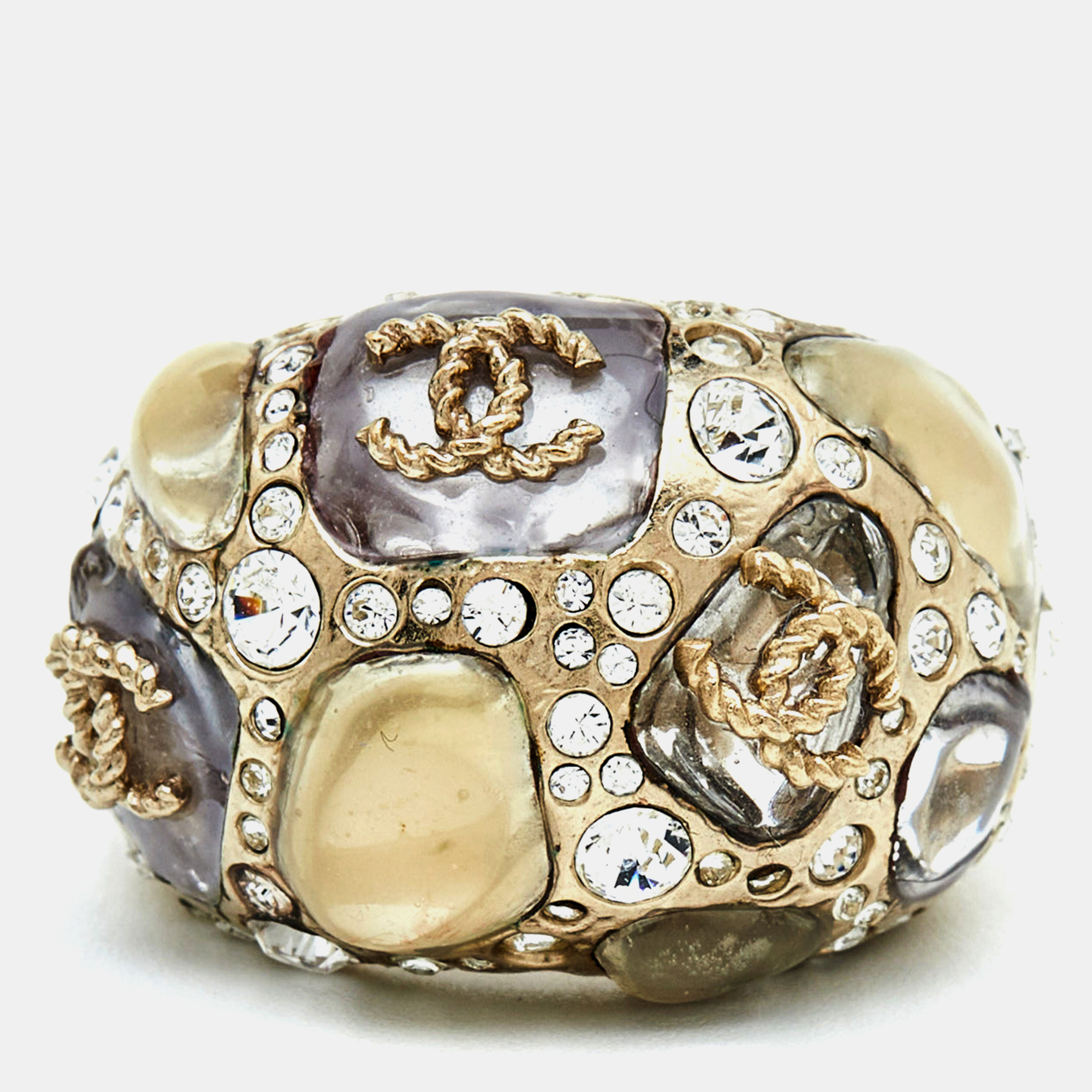 

Chanel CC Crystal Gripoix Enamel Gold Tone Cocktail Ring Size