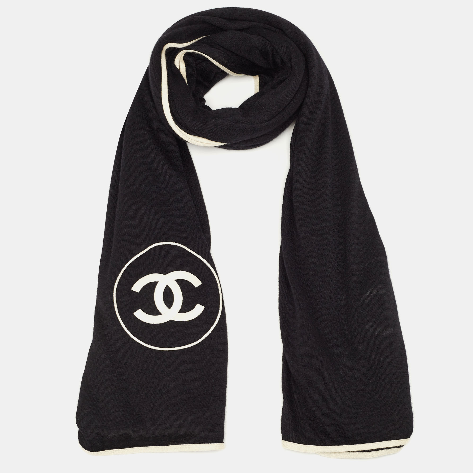 

Chanel Black CC Logo Embroidered Cashmere and Silk Knit Scarf