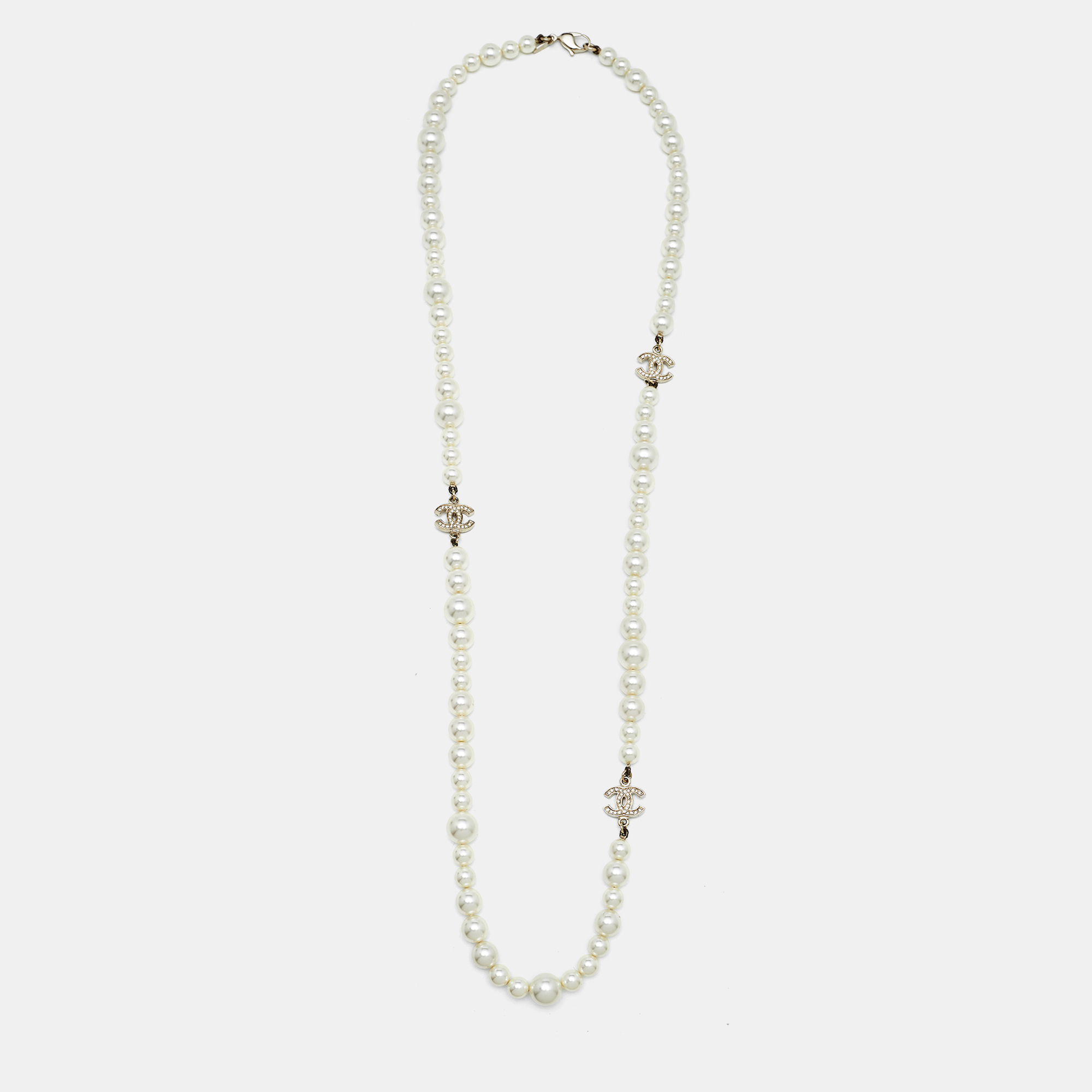 Chanel CC Crystals Faux Pearl Gold Long Necklace