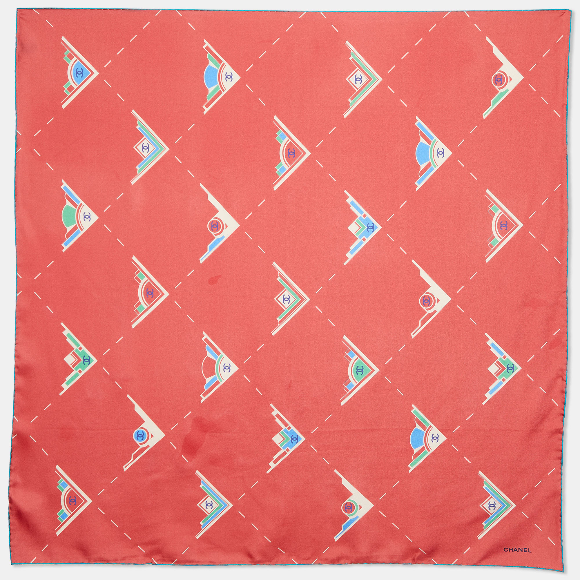 Pre-owned Chanel Red Geometric Logo Print Silk Square Scarf