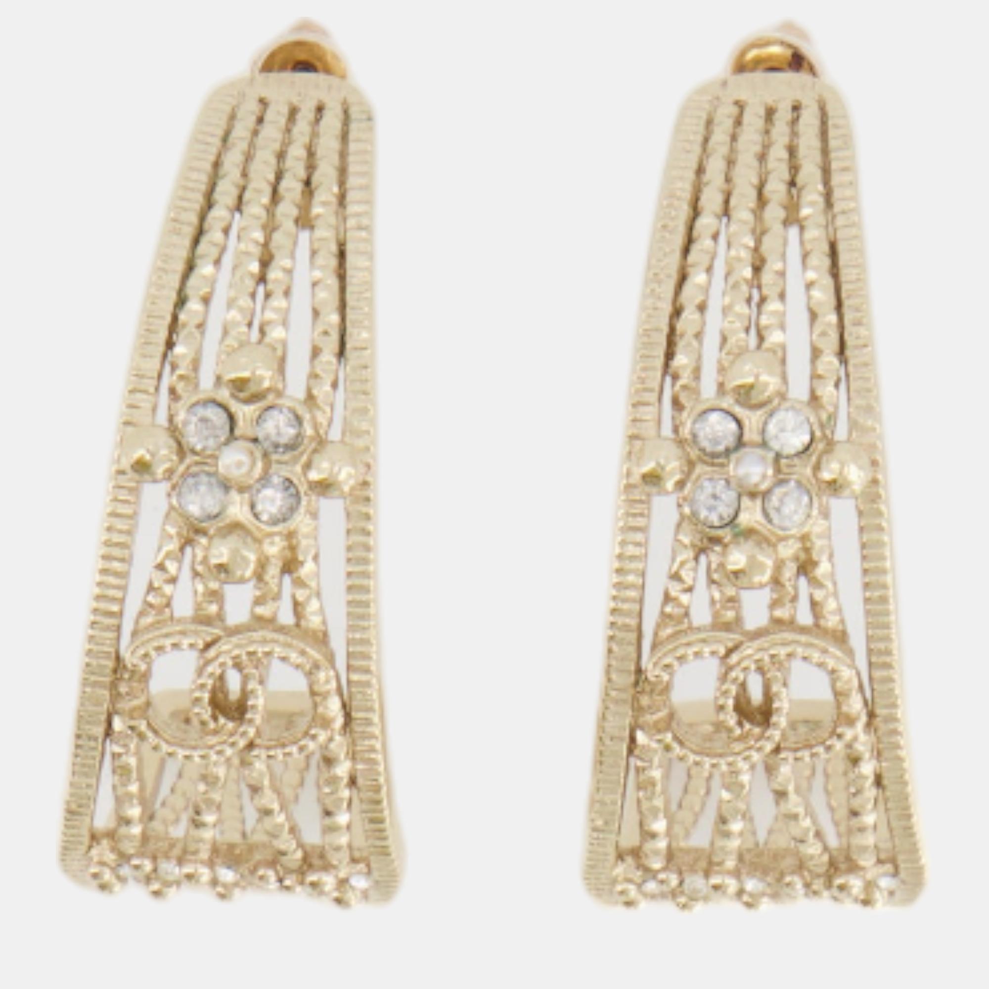 

Chanel Champagne Gold Crystal CC Half Moon Earrings