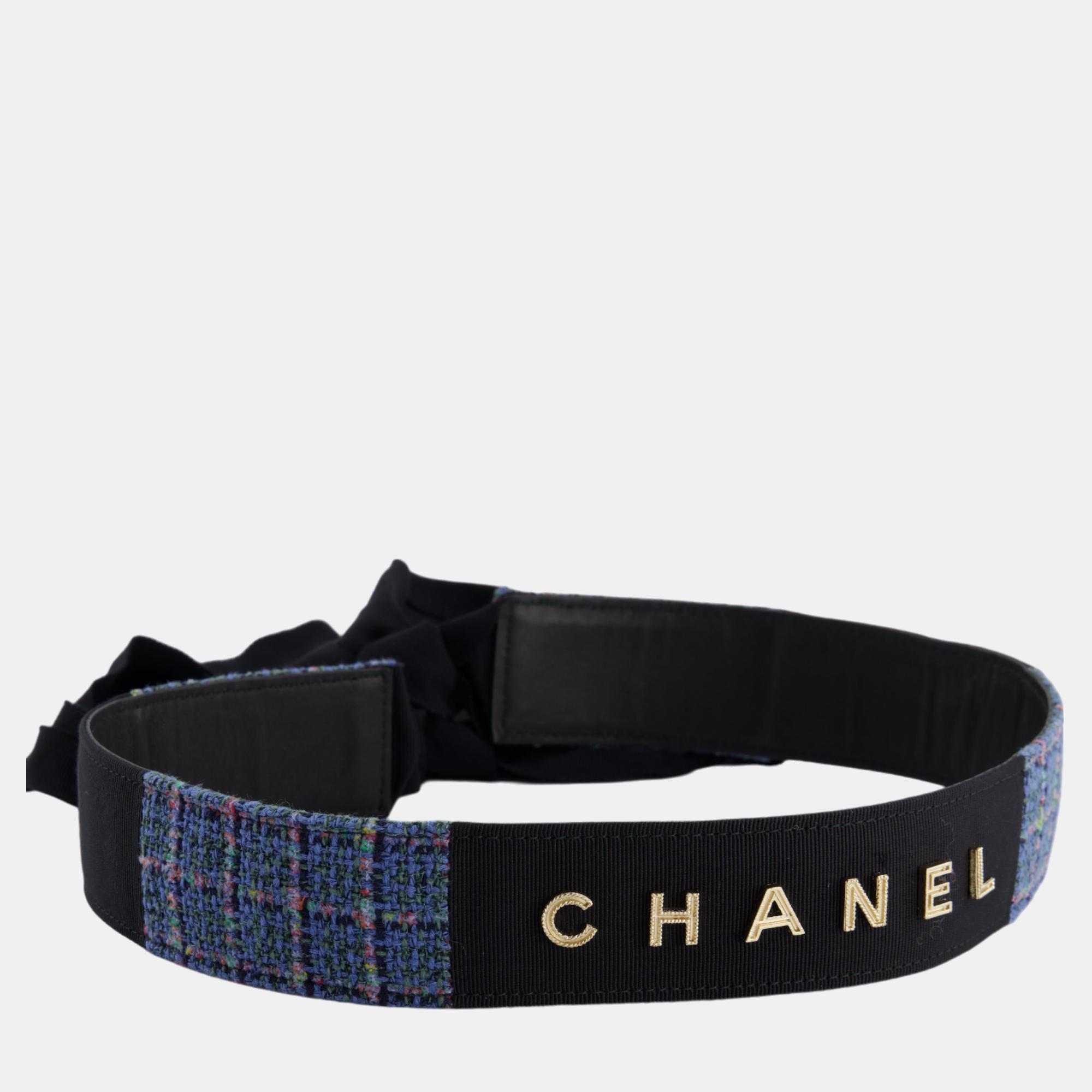 

Chanel Black and Blue Tweed Adjustable Belt with Gold Logo