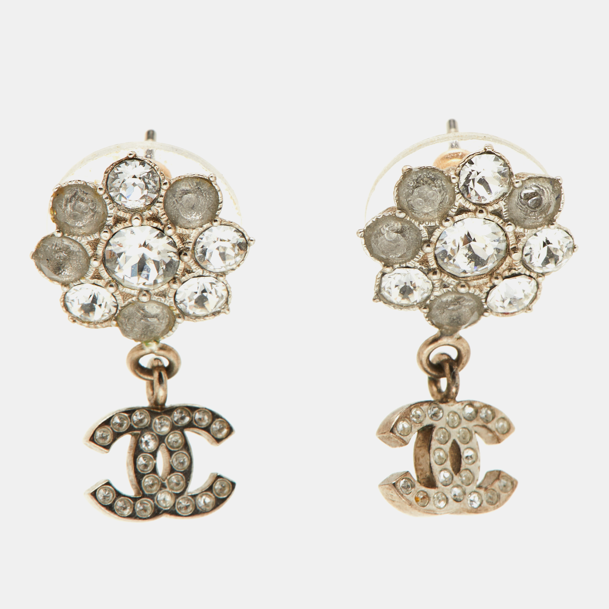 

Chanel CC Crystal Gold Tone Camellia Drop Earrings, Silver