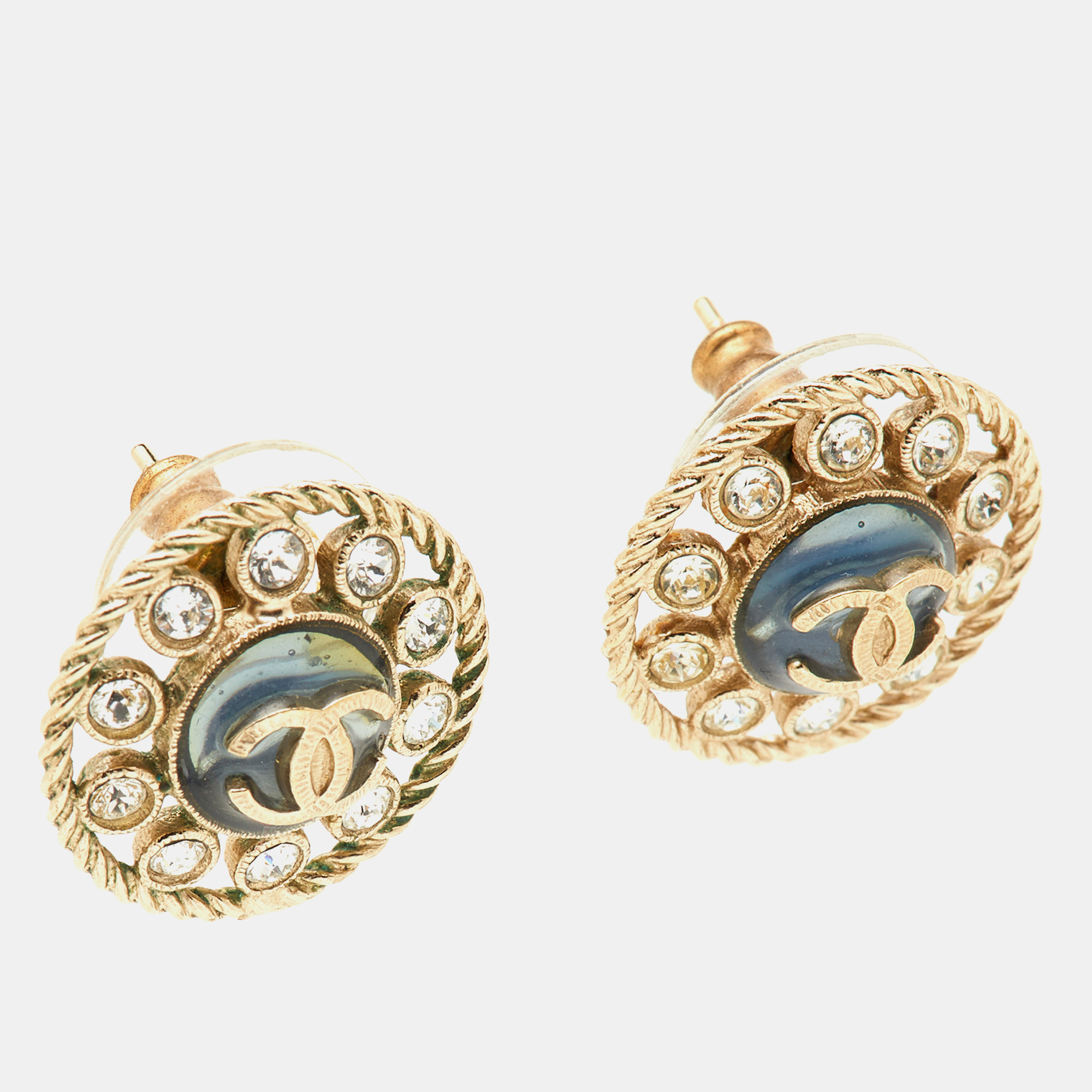 

Chanel CC Crystal Gold Tone Round Stud Earrings