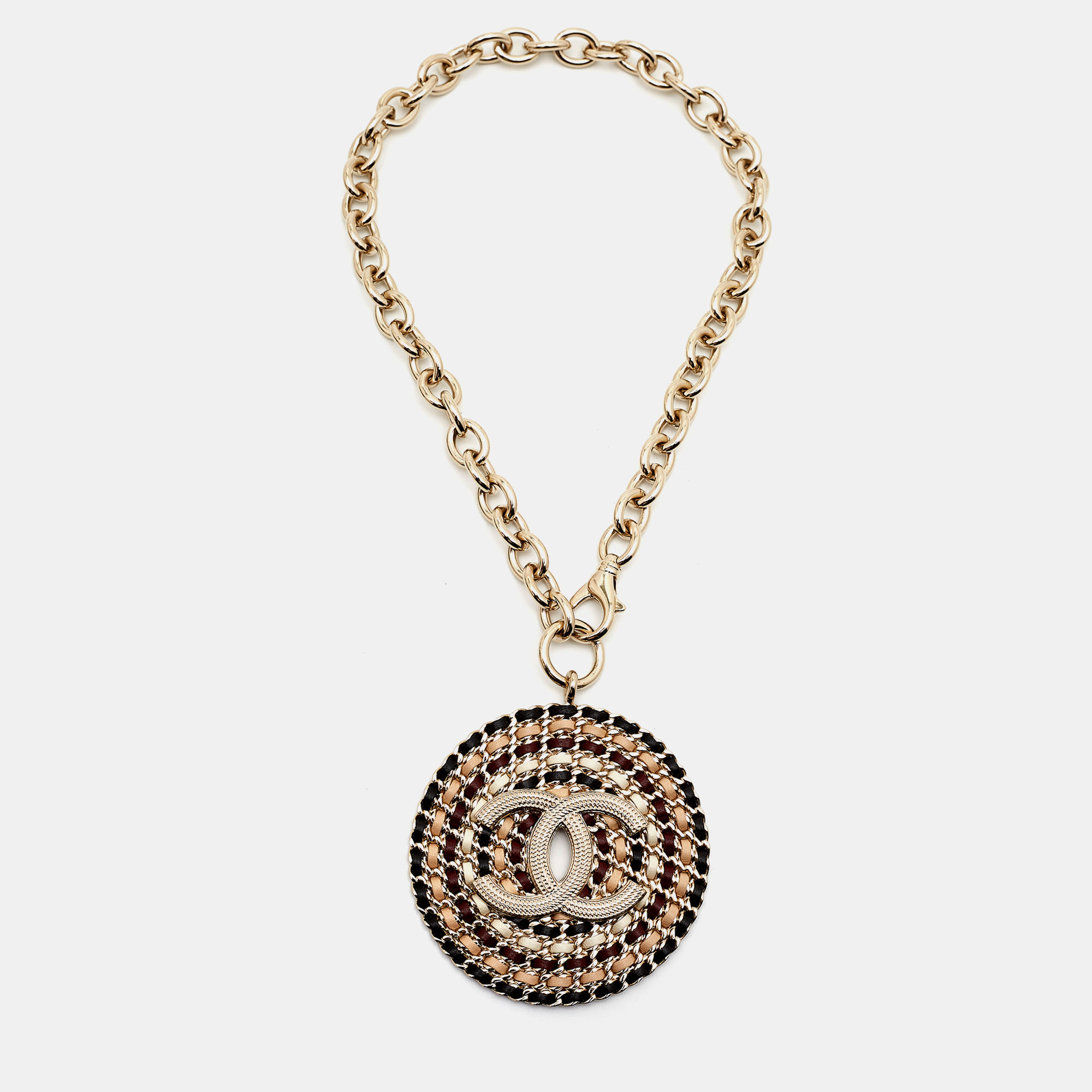 

Chanel CC Interwoven Leather Gold Tone Necklace