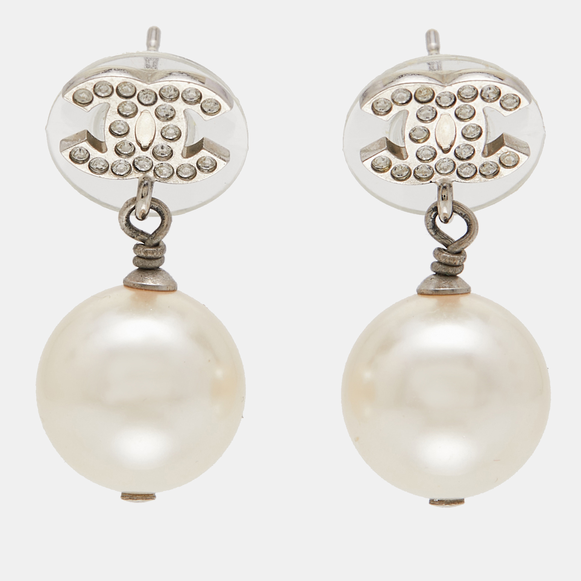 

Chanel CC Faux Pearl Crystal Silver Tone Drop Earrings