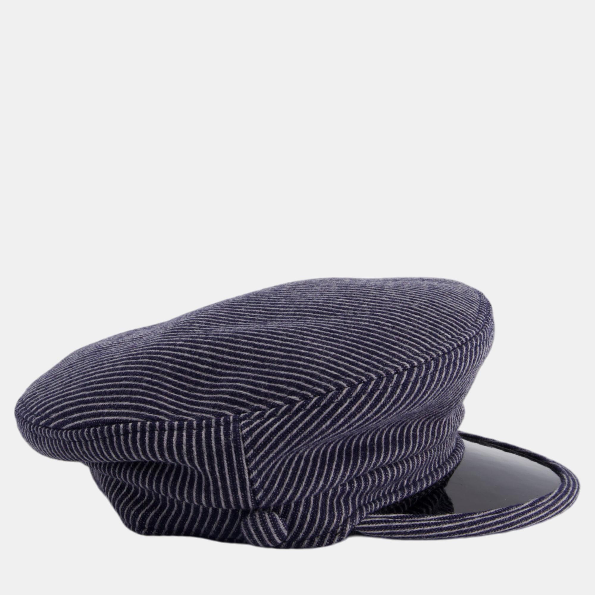 

Chanel Navy Striped Baker Boy Hat with Patent Panel Detail Size, Navy blue
