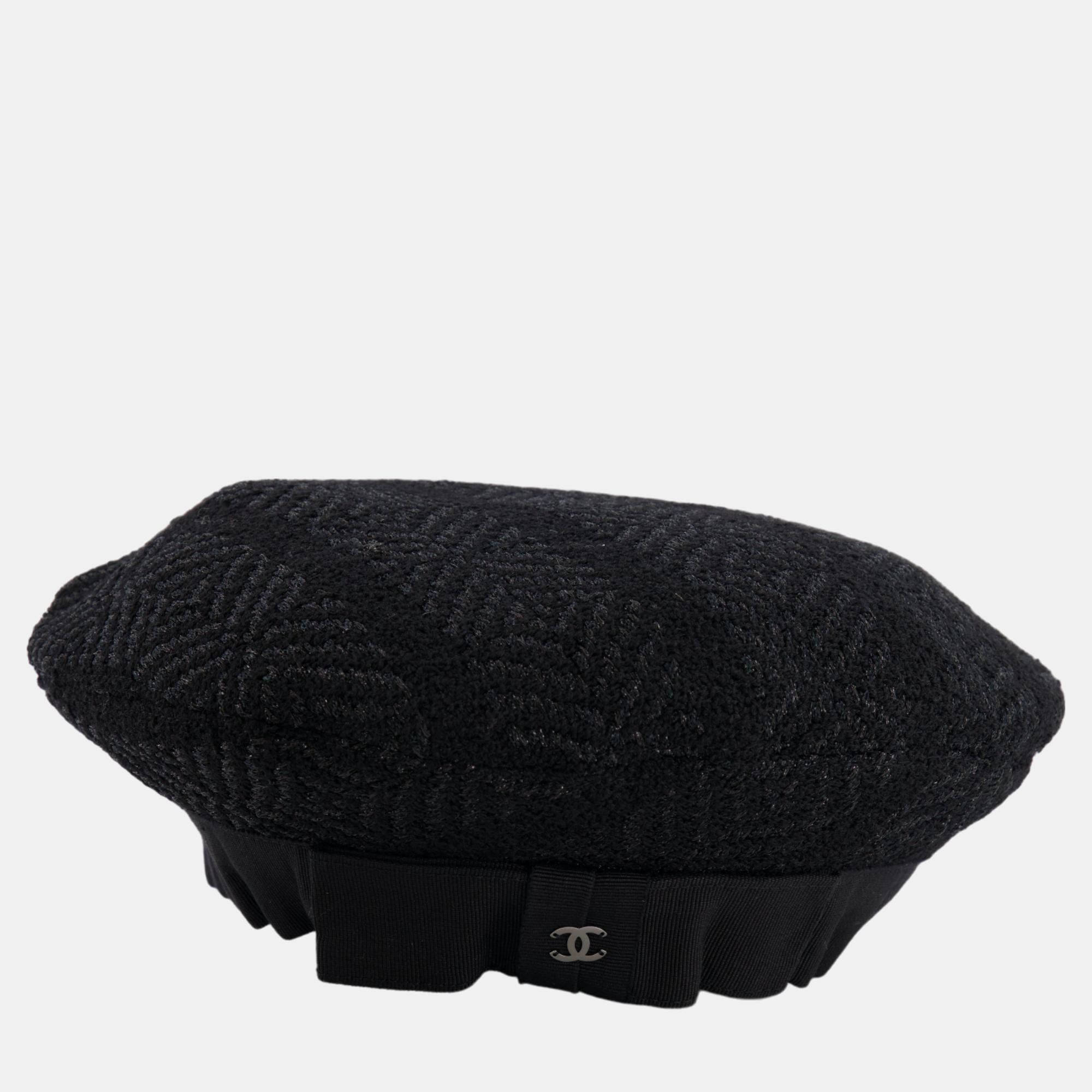

Chanel Black Tweed Beret Hat with CC Logo Detail Size