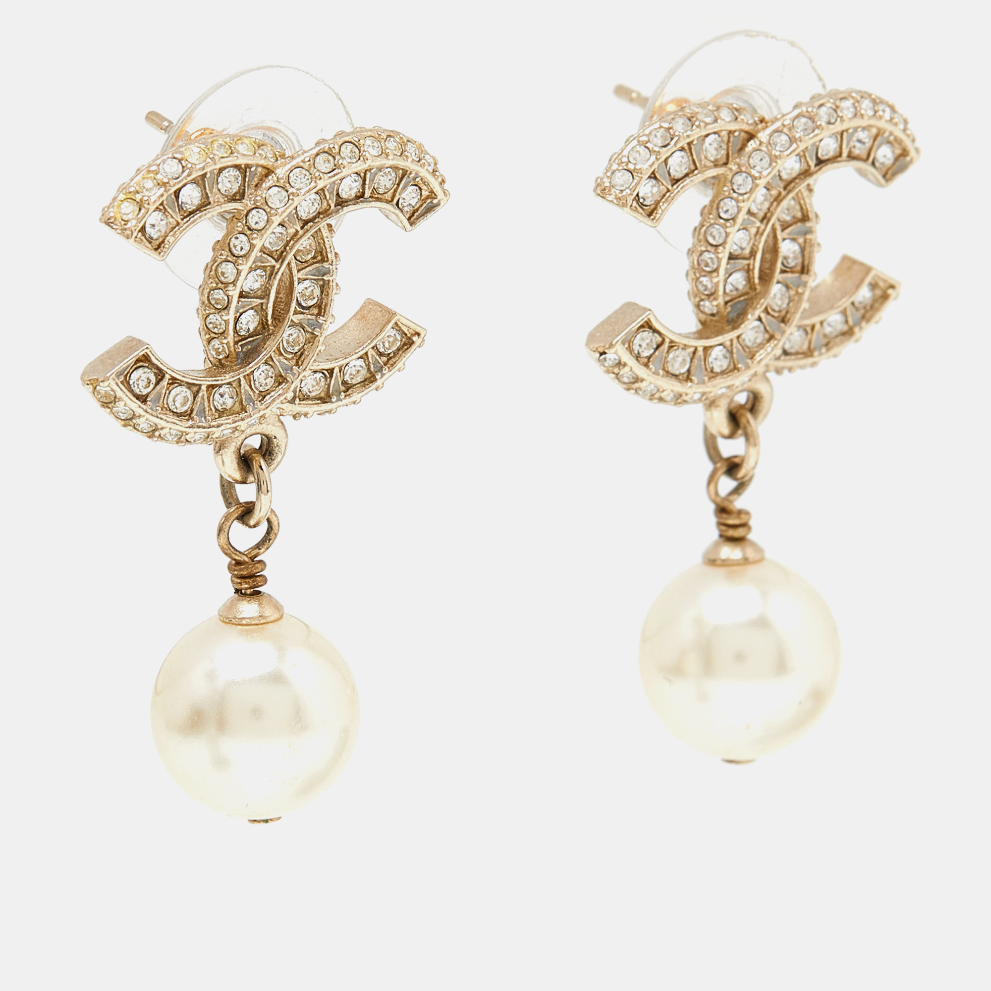 

Chanel Pale Gold Tone Crystal CC Faux Pearl Drop Earrings, White