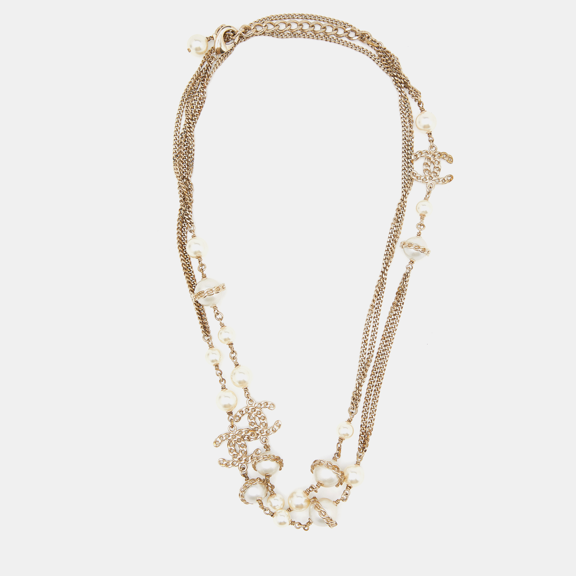 

Chanel Gold Tone Faux Pearl & Chain CC Layered Necklace
