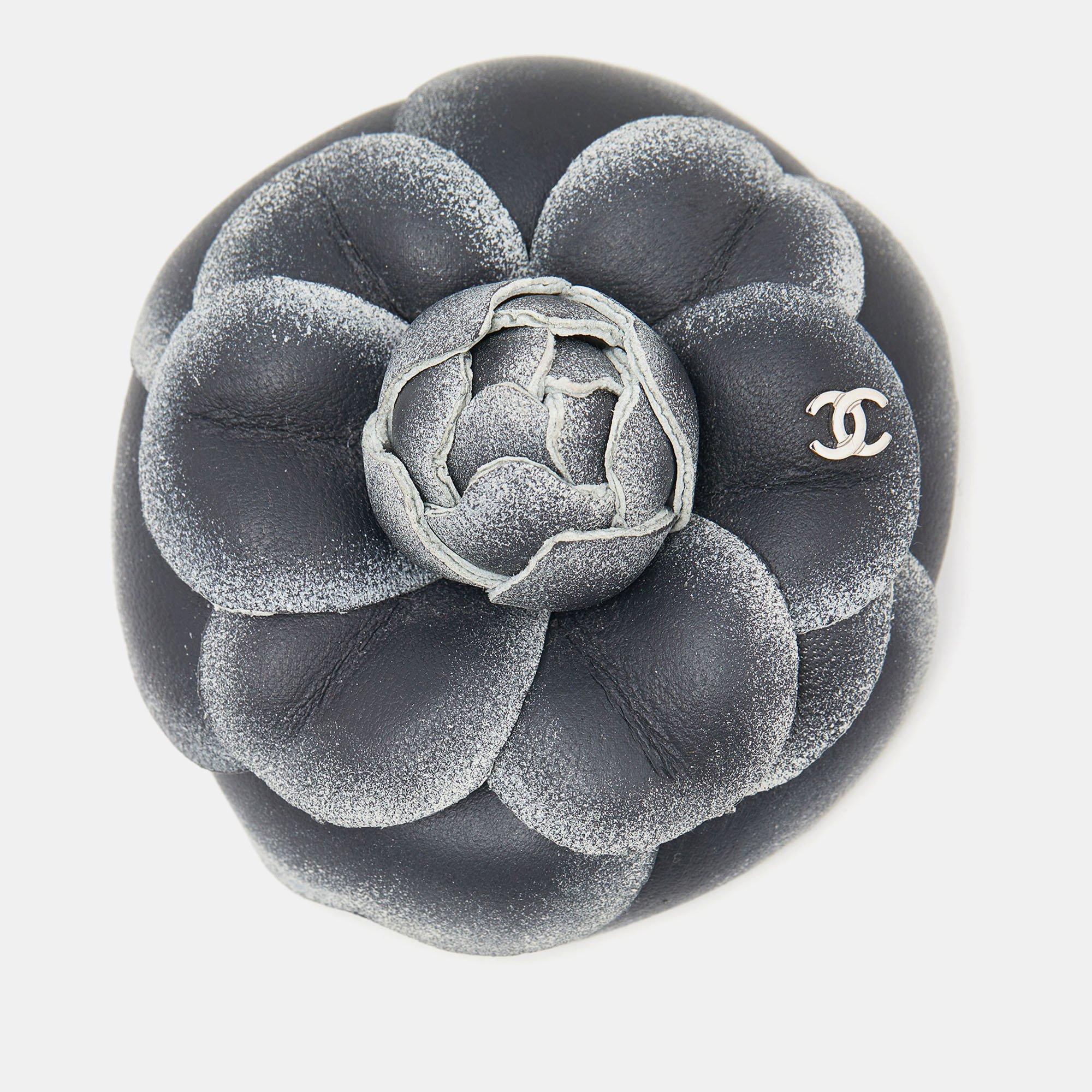 

Chanel Charcoal Grey Leather Camelia Pin Brooch