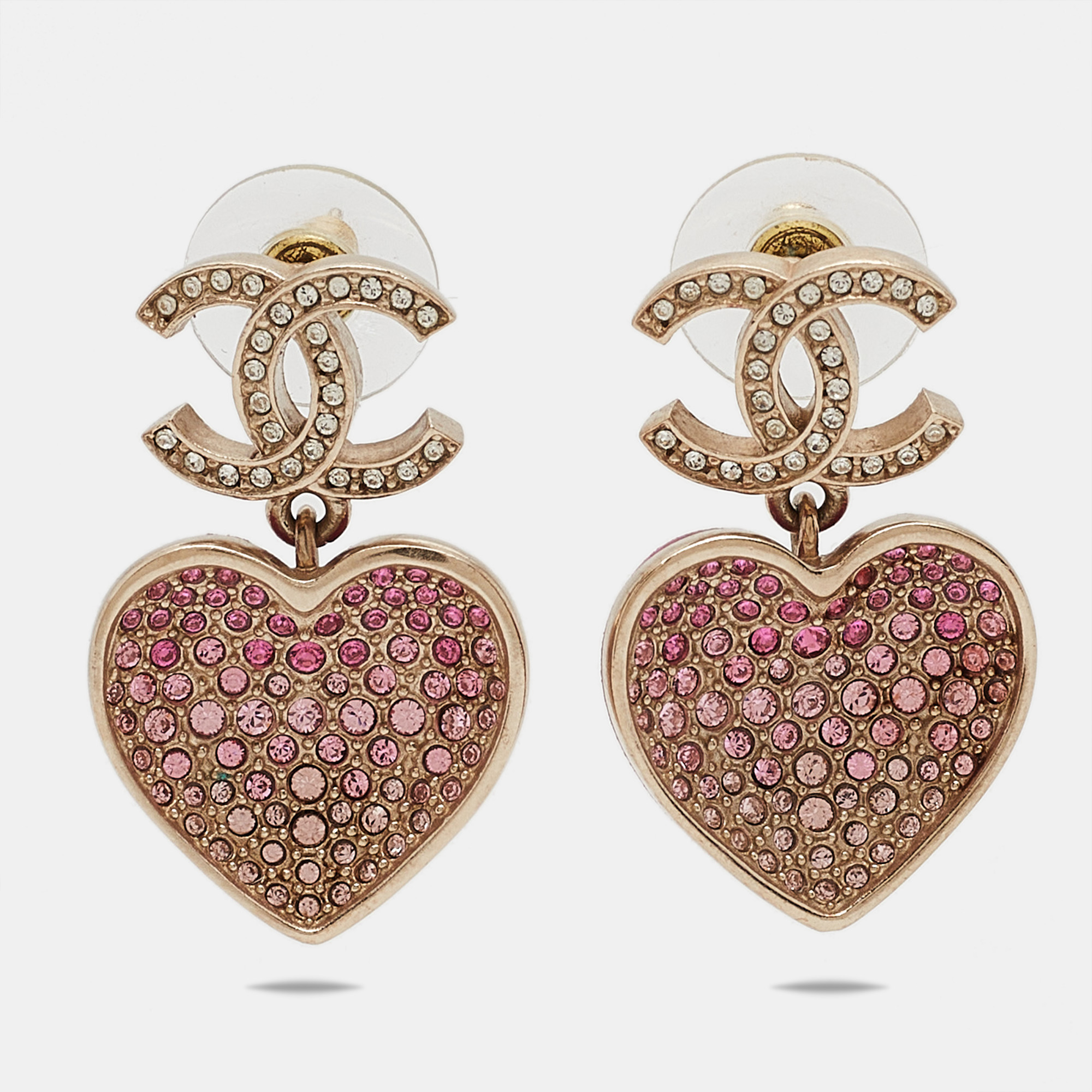 

Chanel CC Resin Crystals Gold Tone Heart Drop Earrings