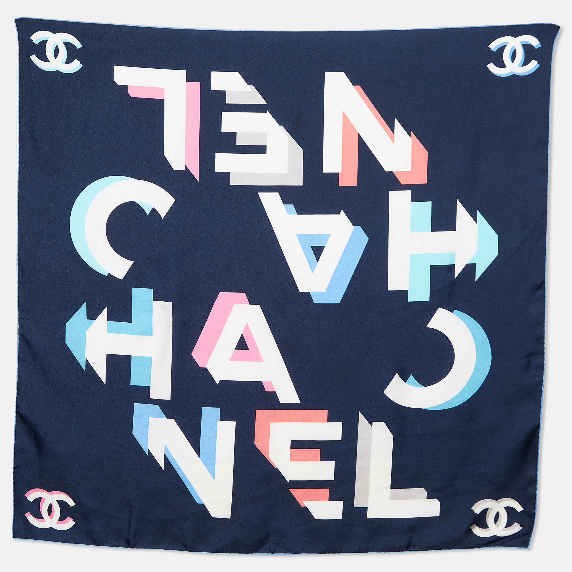 Pre-owned Chanel Navy Blue Logo Print Silk Scarf