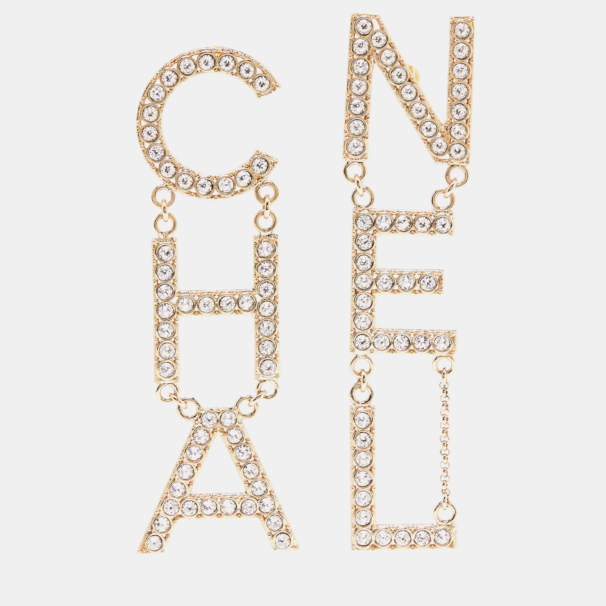 

Chanel CHA-NEL Crystals Gold Tone Earrings