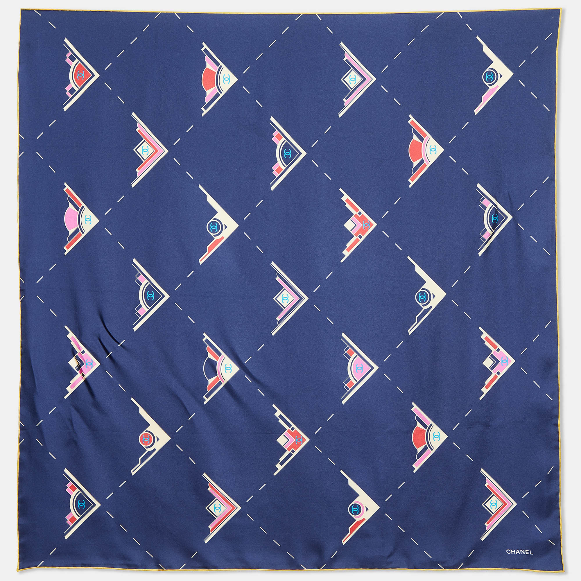 

Chanel Navy Blue Geometric Logo Print Silk Scarf