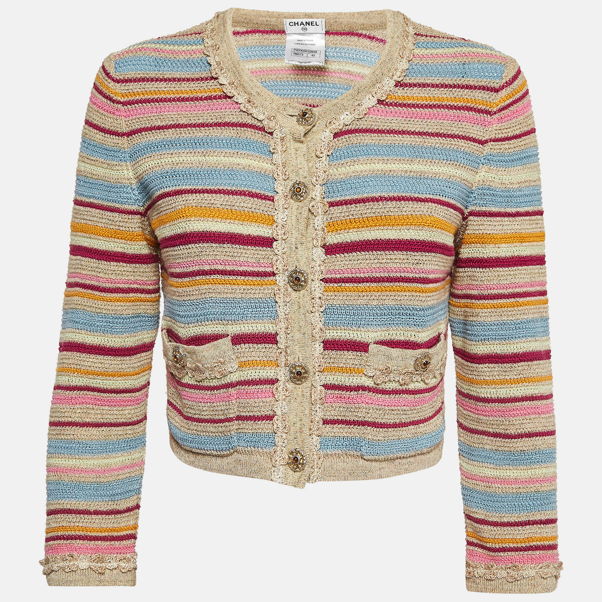 

Chanel Multicolor Striped Cotton Knit Crop Cardigan L