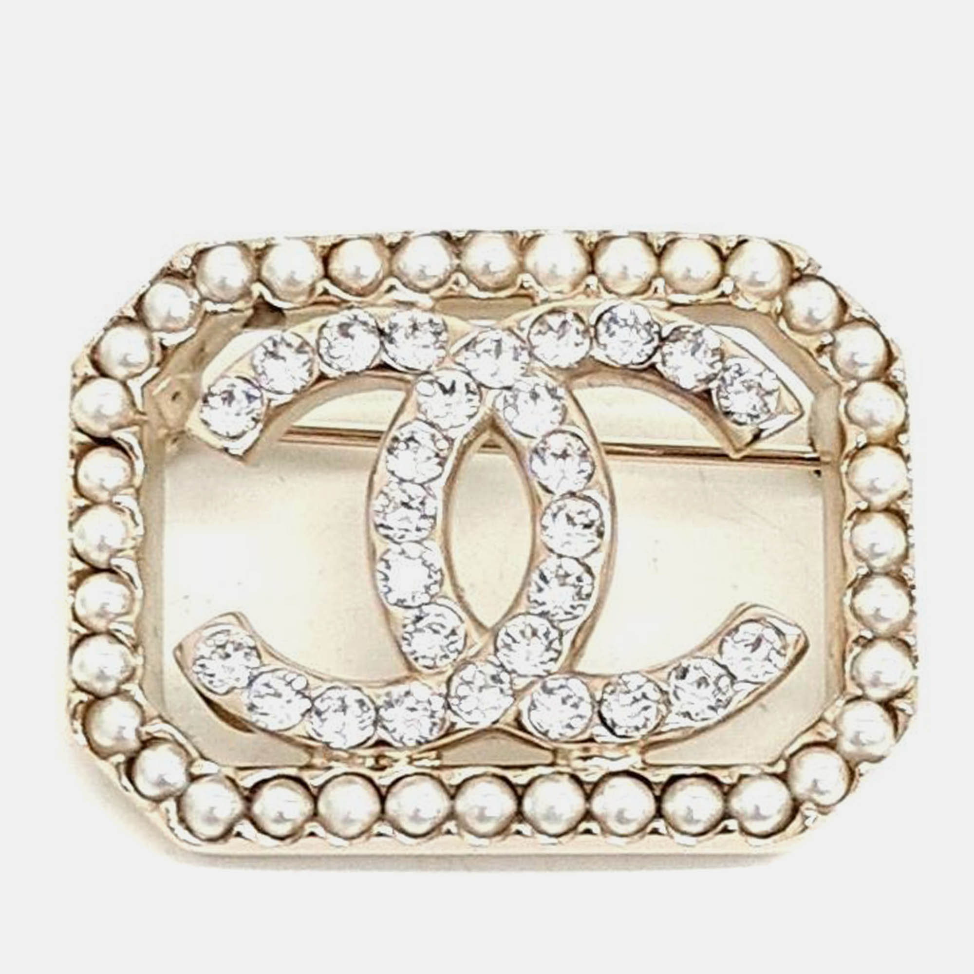 

Chanel Gold Metal Crystal Square CC Brooch Silver