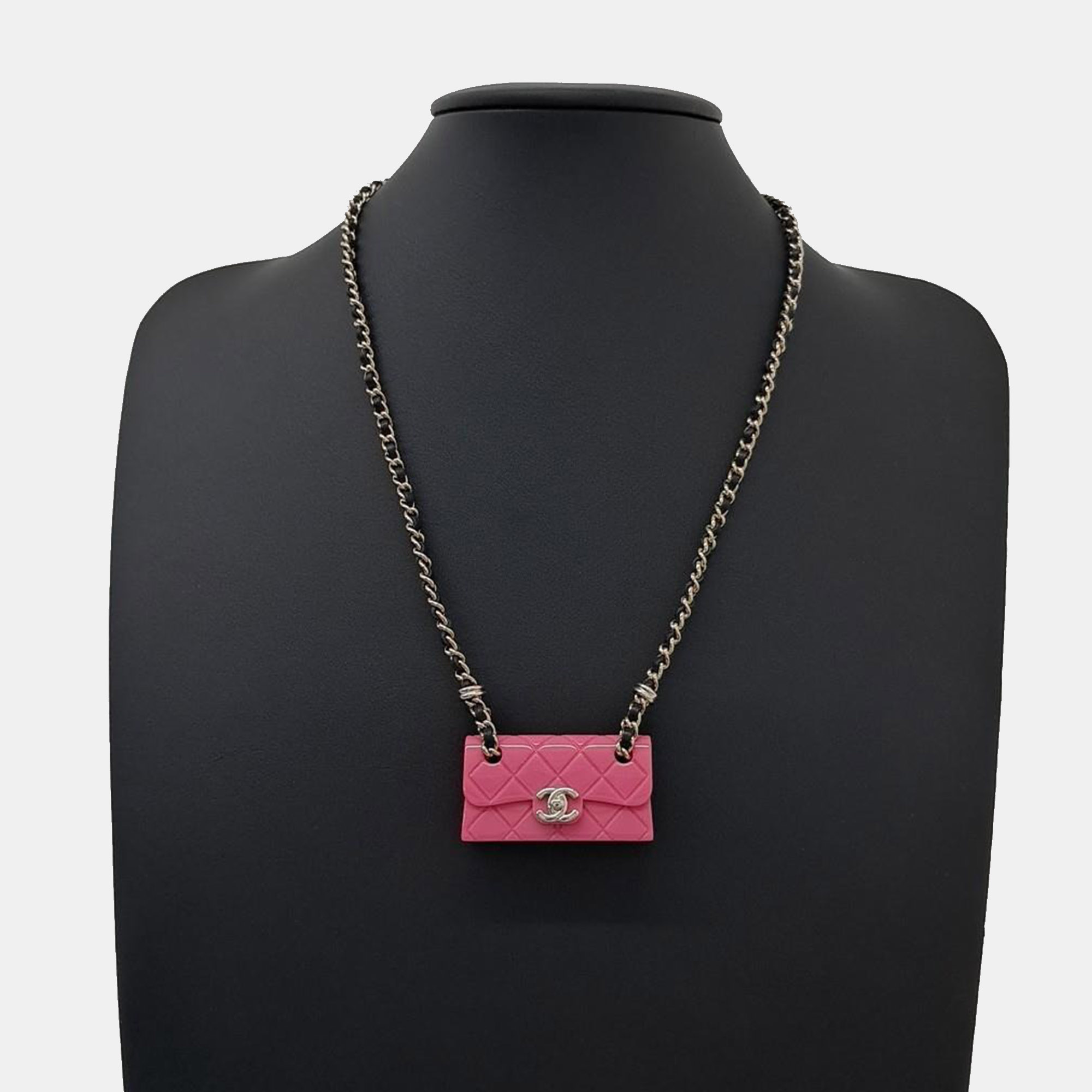 

Chanel Gold /Pink Metal Resin Calfskin Quilted CC Turnlock Chain Bag Necklace
