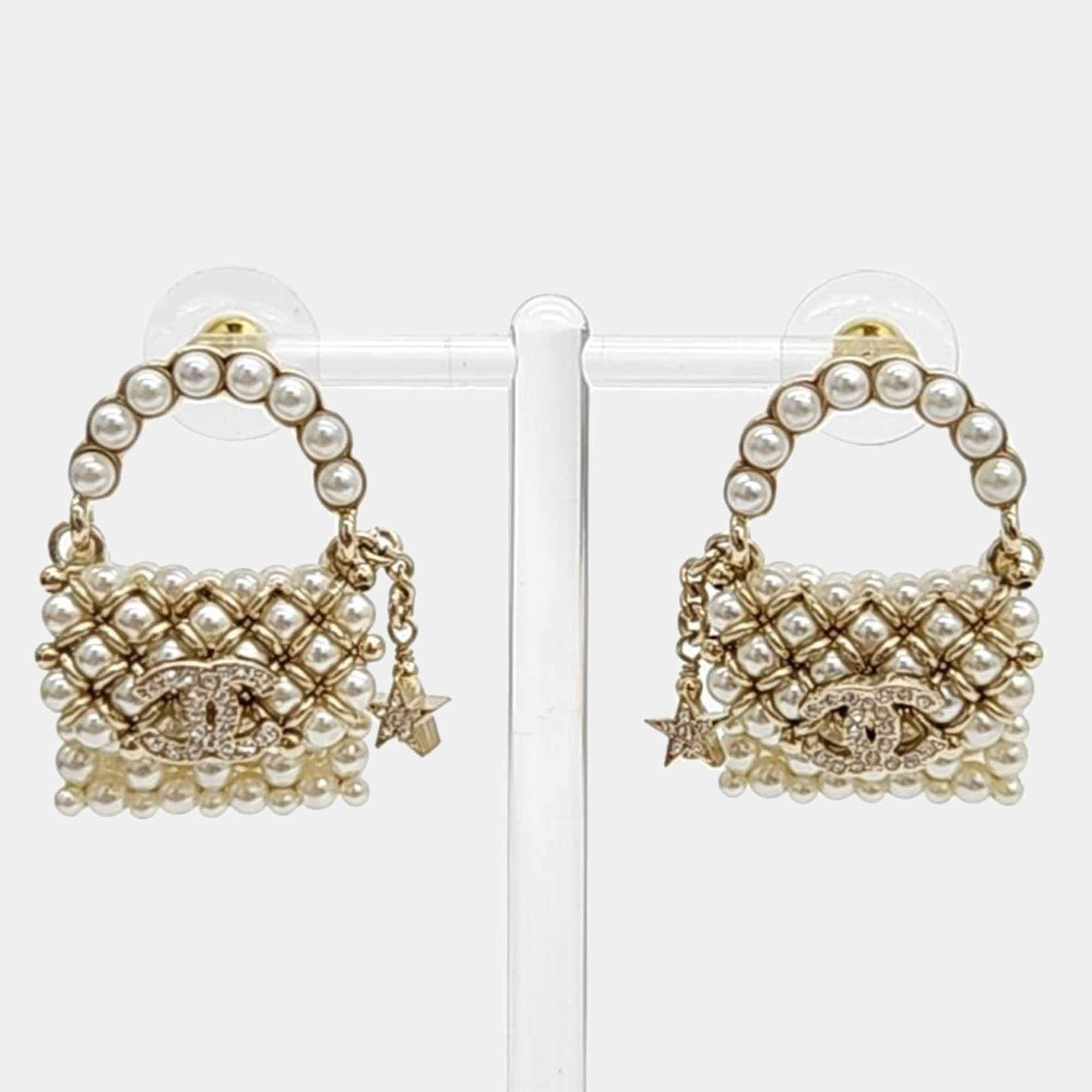 

Chanel Gold Metal Faux Pearl CC Purse Drop Earrings