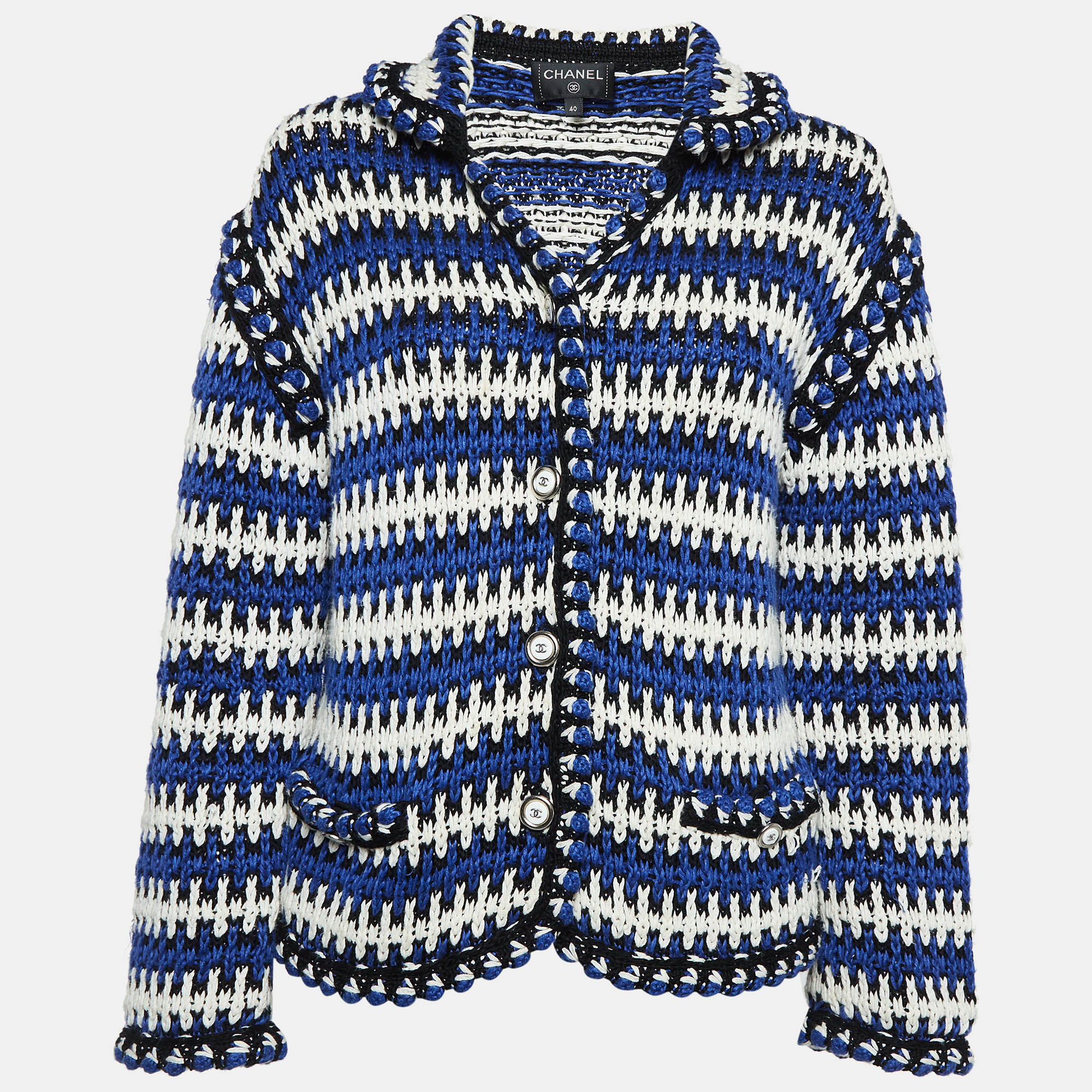 

Chanel Blue Linen Rib Knit Button Front Jacket M