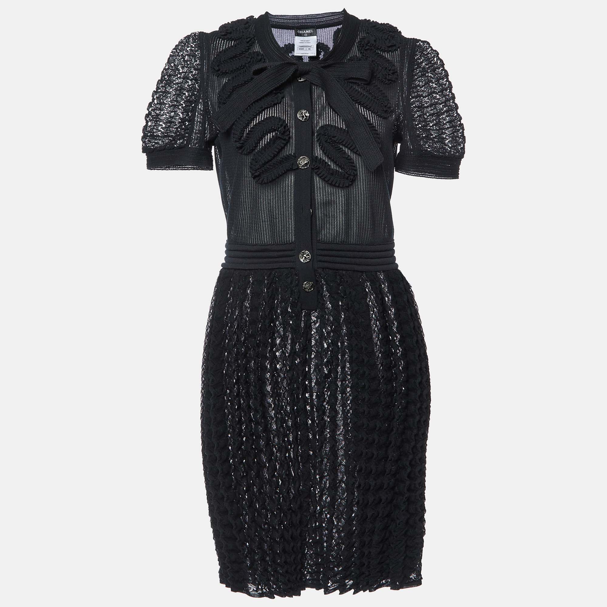 

Chanel Black Patterned Knit Neck Tie Detailed Short Dress M