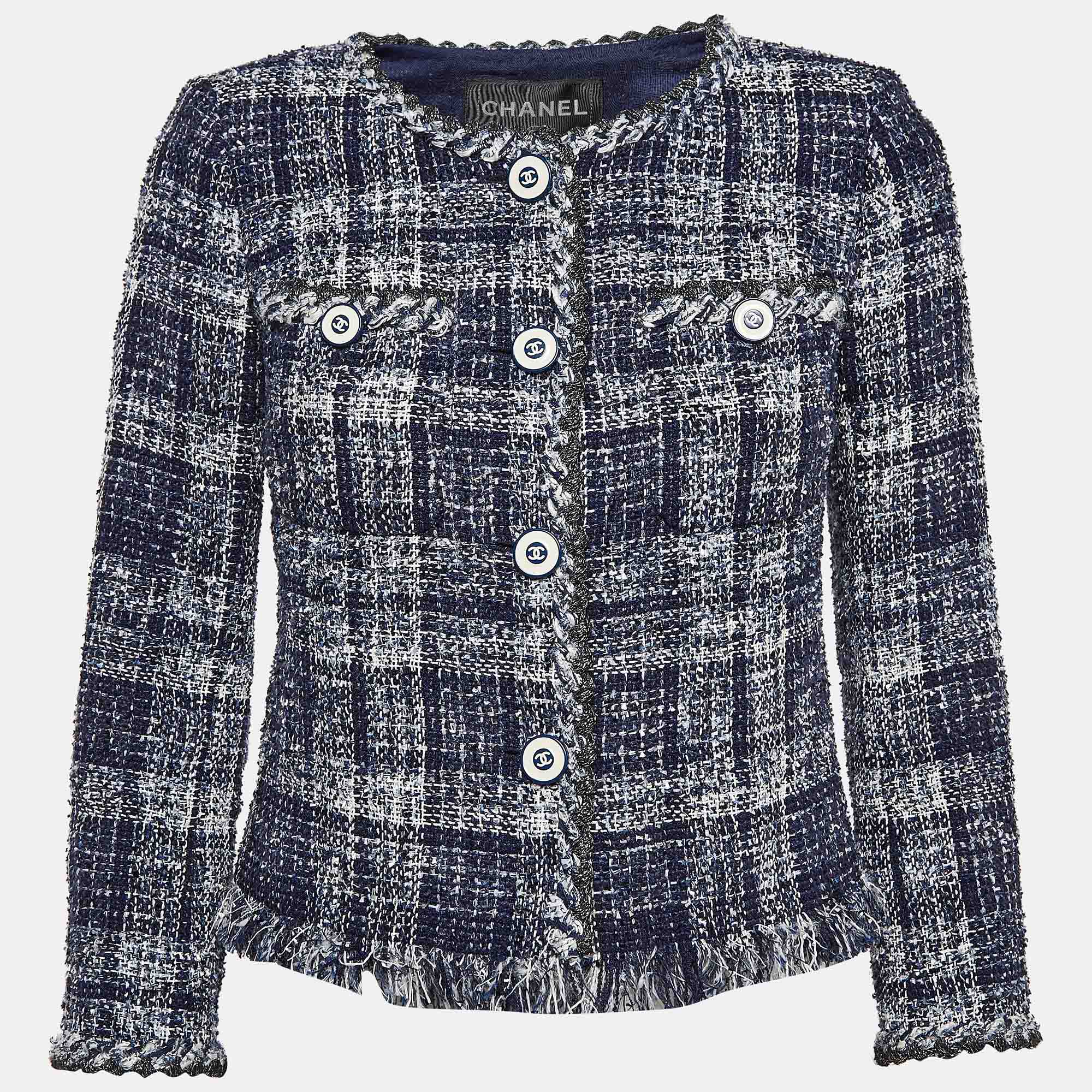 

Chanel Blue Fringed Tweed Jacket S