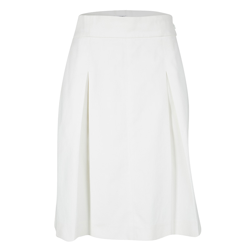 Pre Owned Chanel Off White Cotton Pleated Skirt L