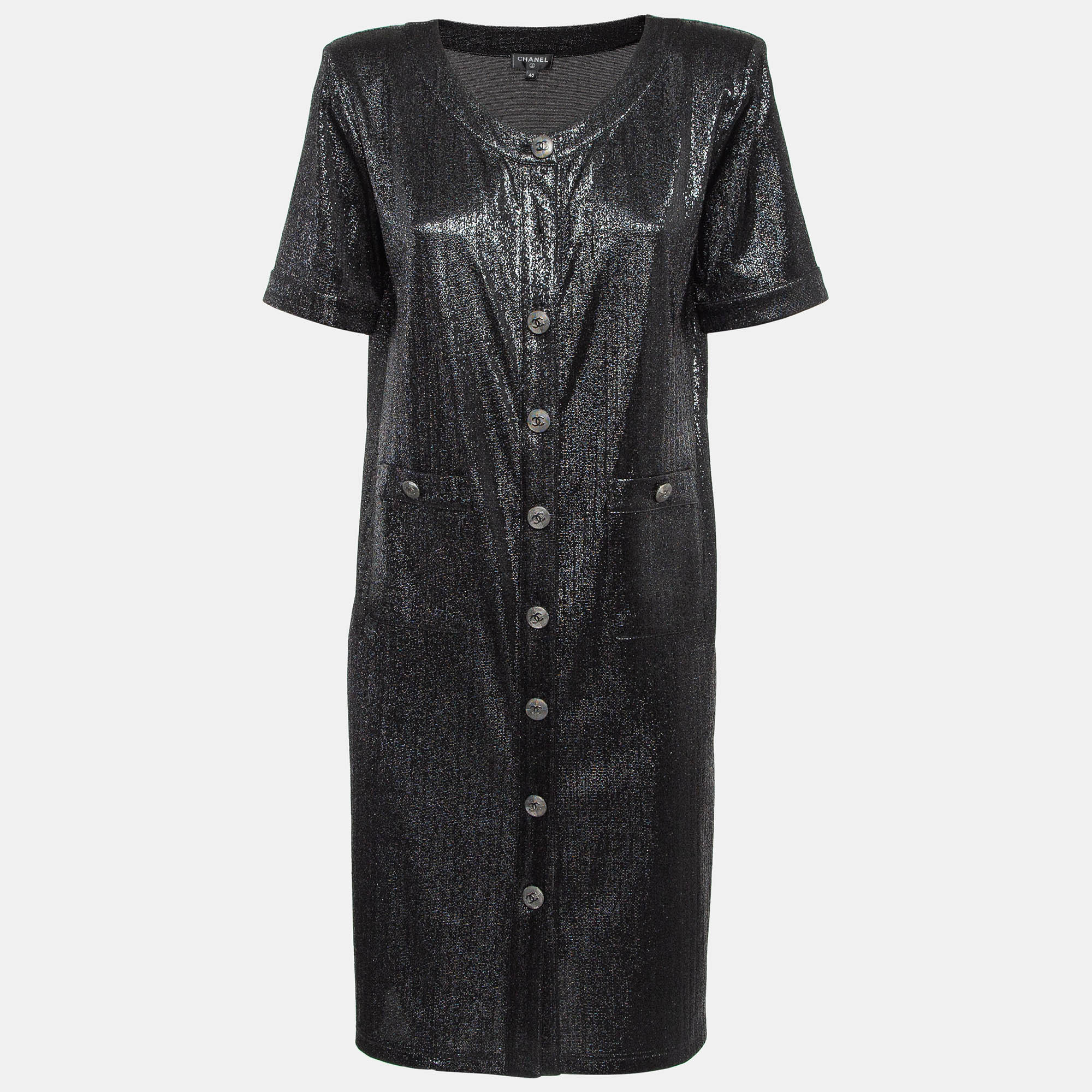 

Chanel Black Metallic Lurex Knit Button Front Shift Dress M