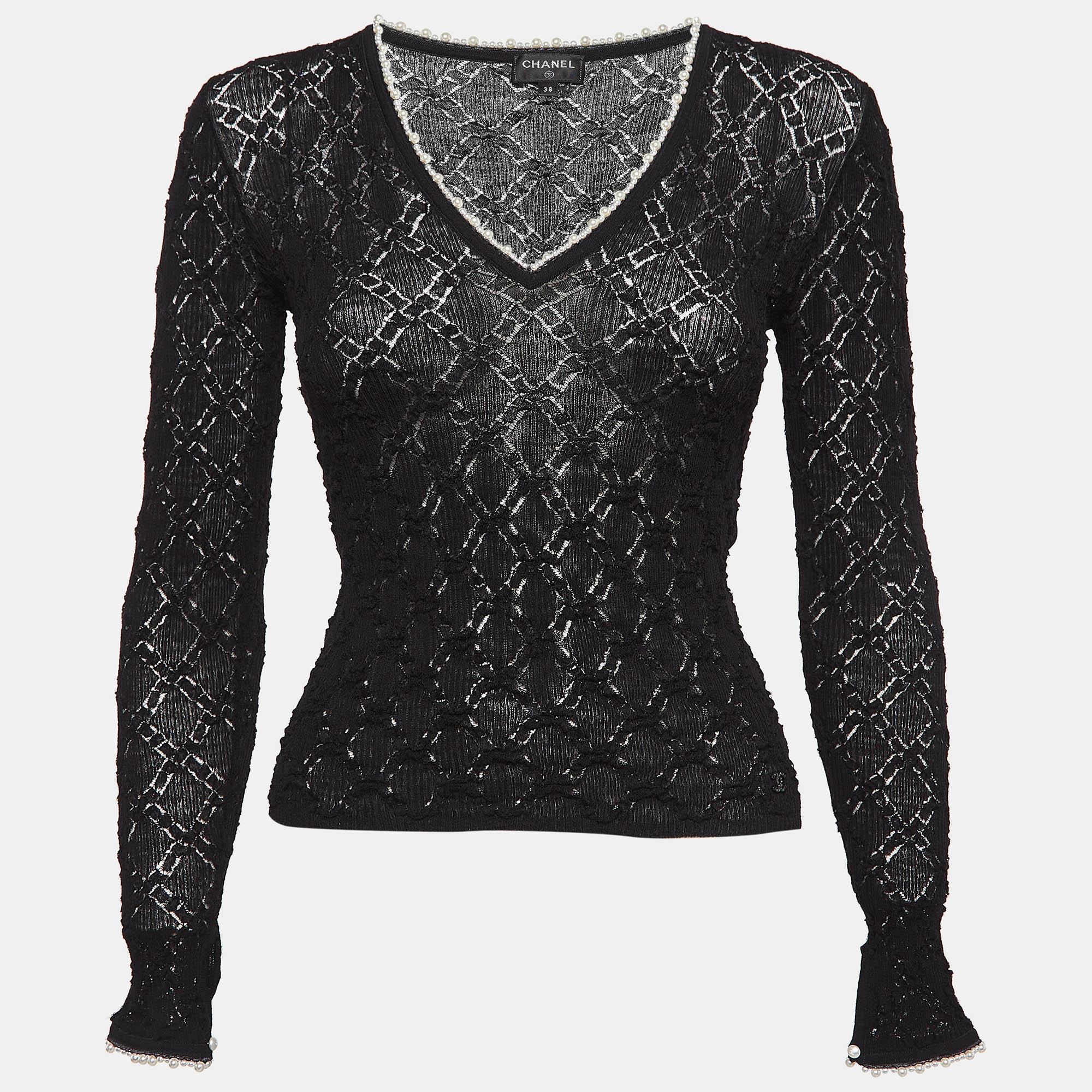 

Chanel Black Patterned Knit Pearl Embellished Top M