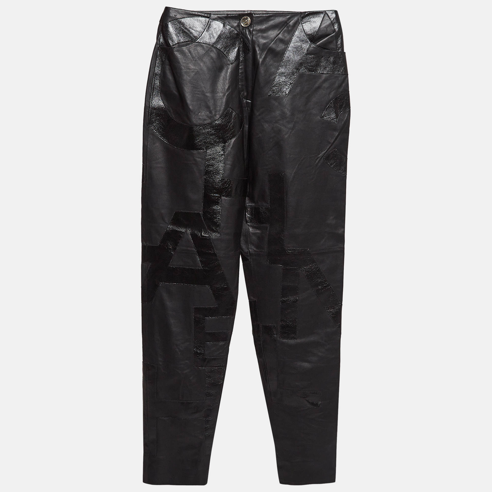 

Chanel Black Leather Logo Patch Detail Pants S