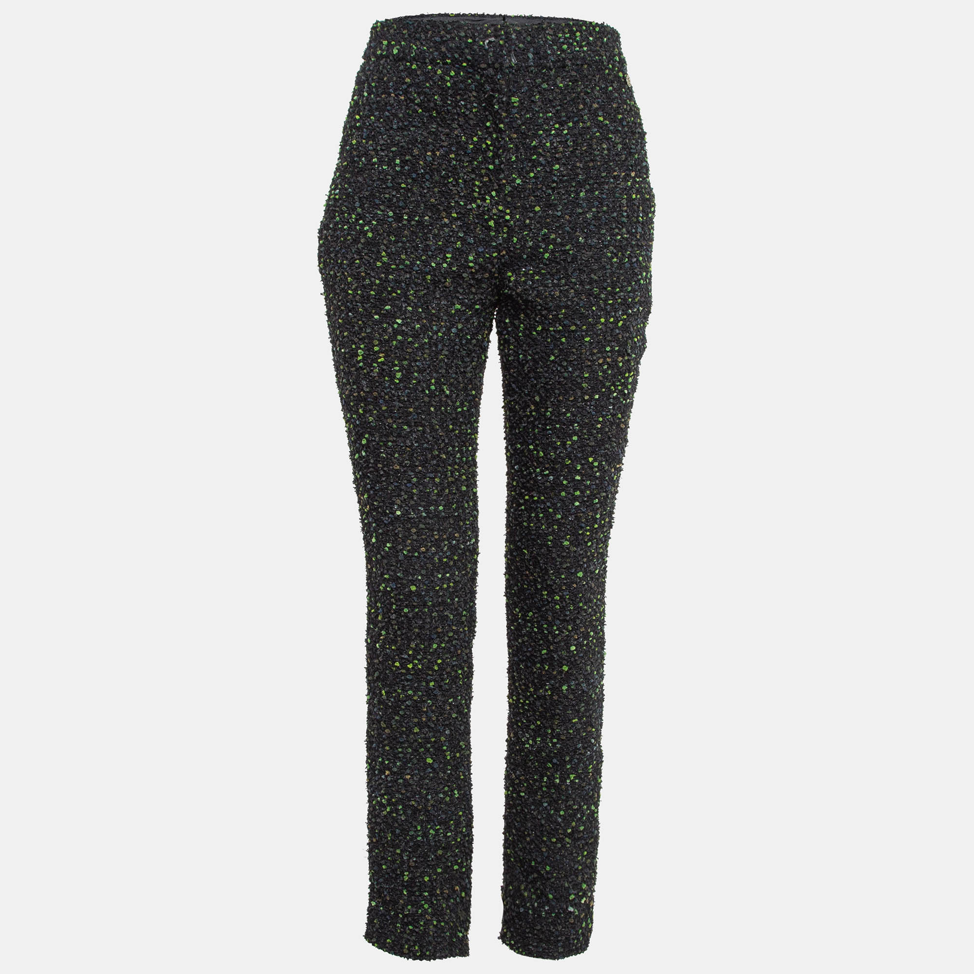 

Chanel Black/Green Tweed Logo Badge Detail Trousers S