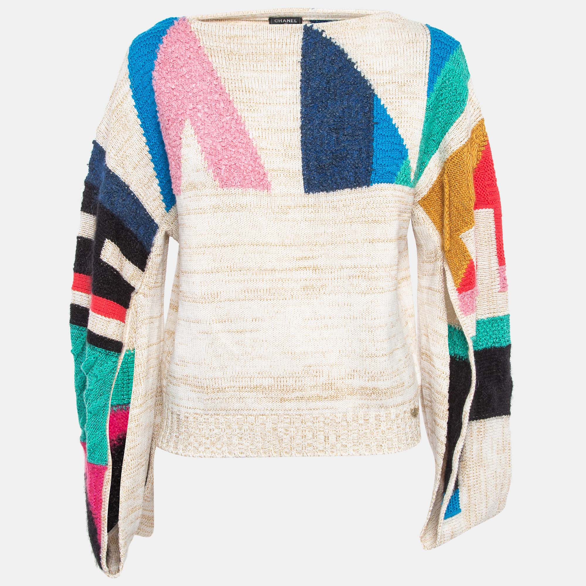 

Chanel Multicolor Logo Intarsia Knit Cutout Sleeve Sweater S