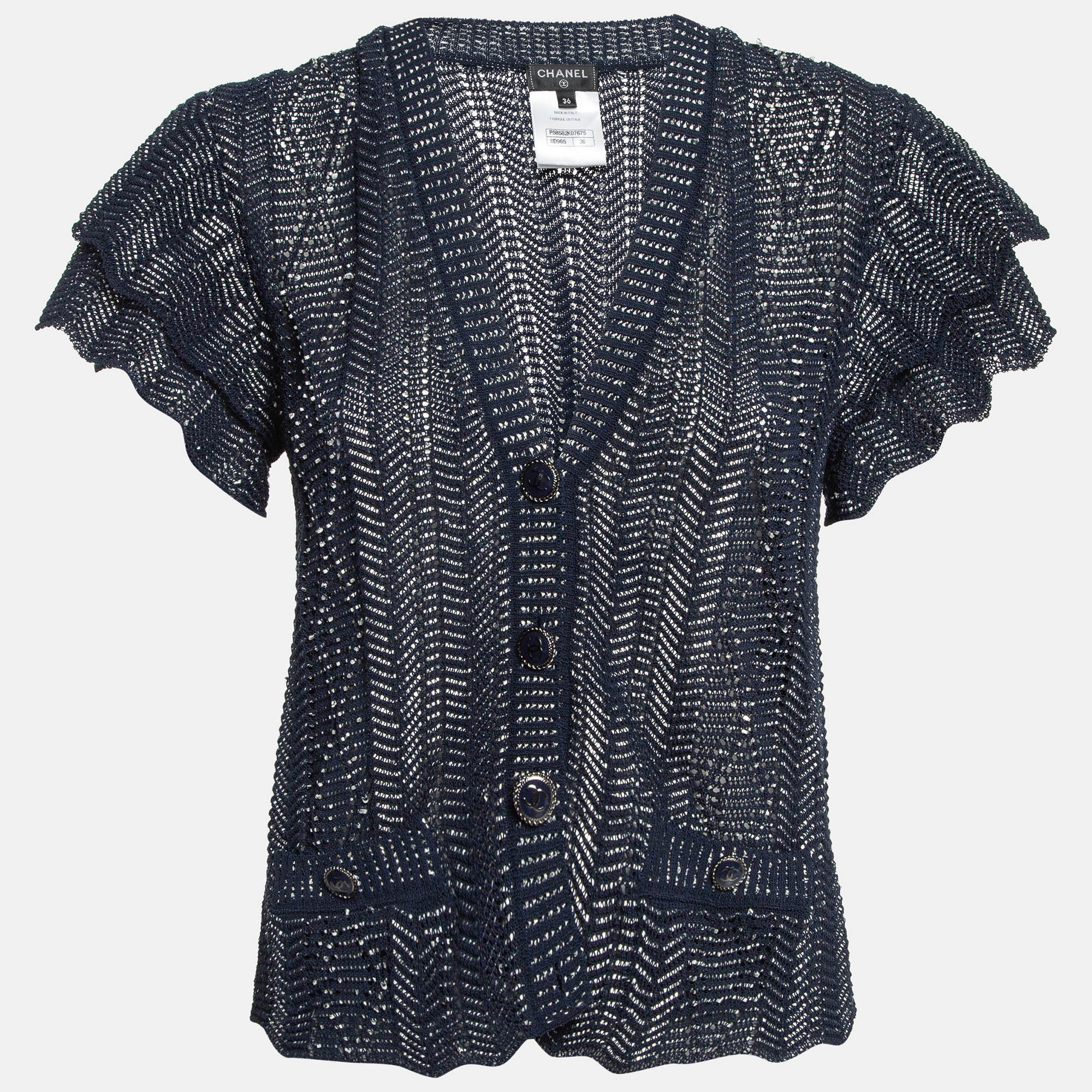 

Chanel Navy Blue Patterned Knit Button Front Cardigan S