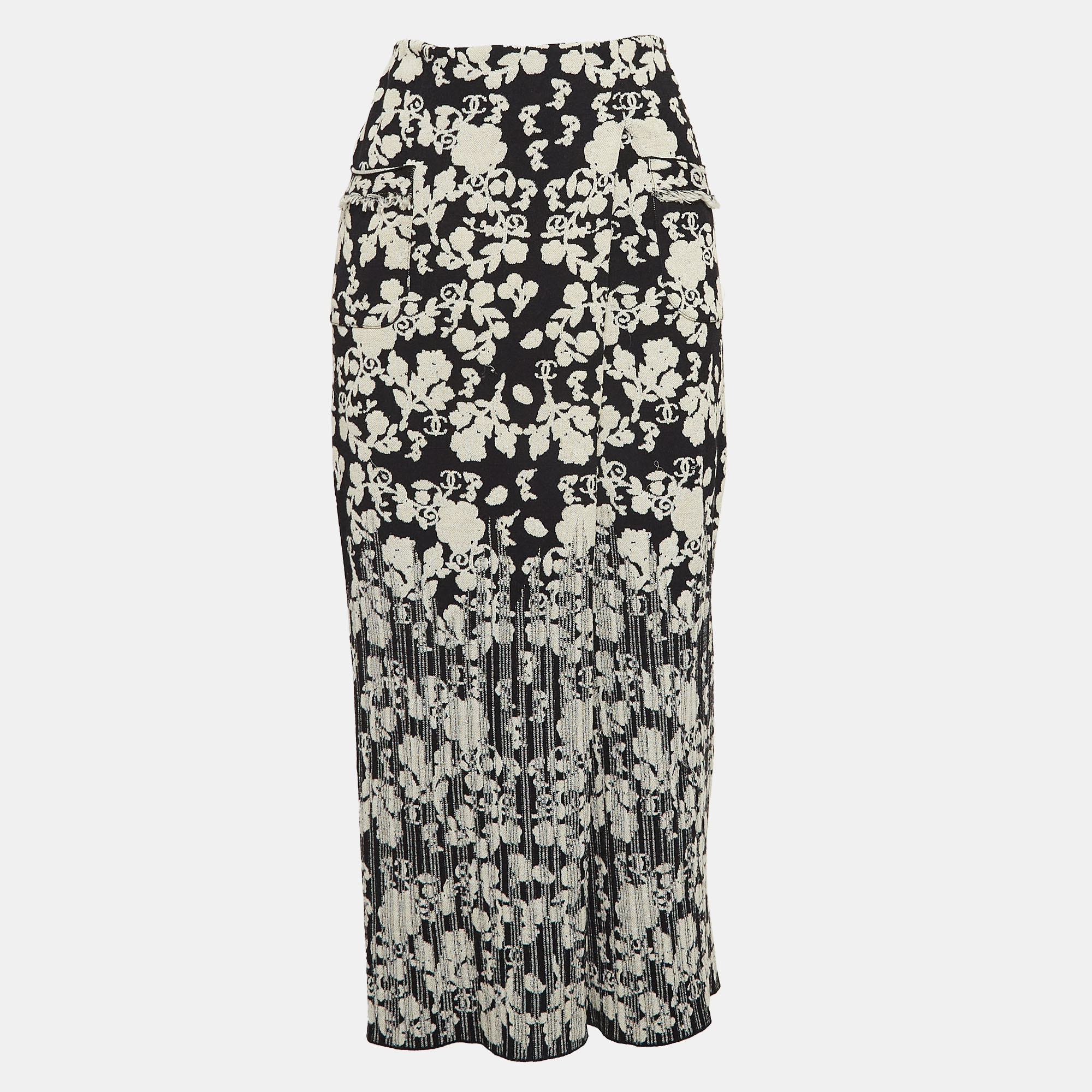 

Chanel Black Floral Patterned Knit Midi Skirt S