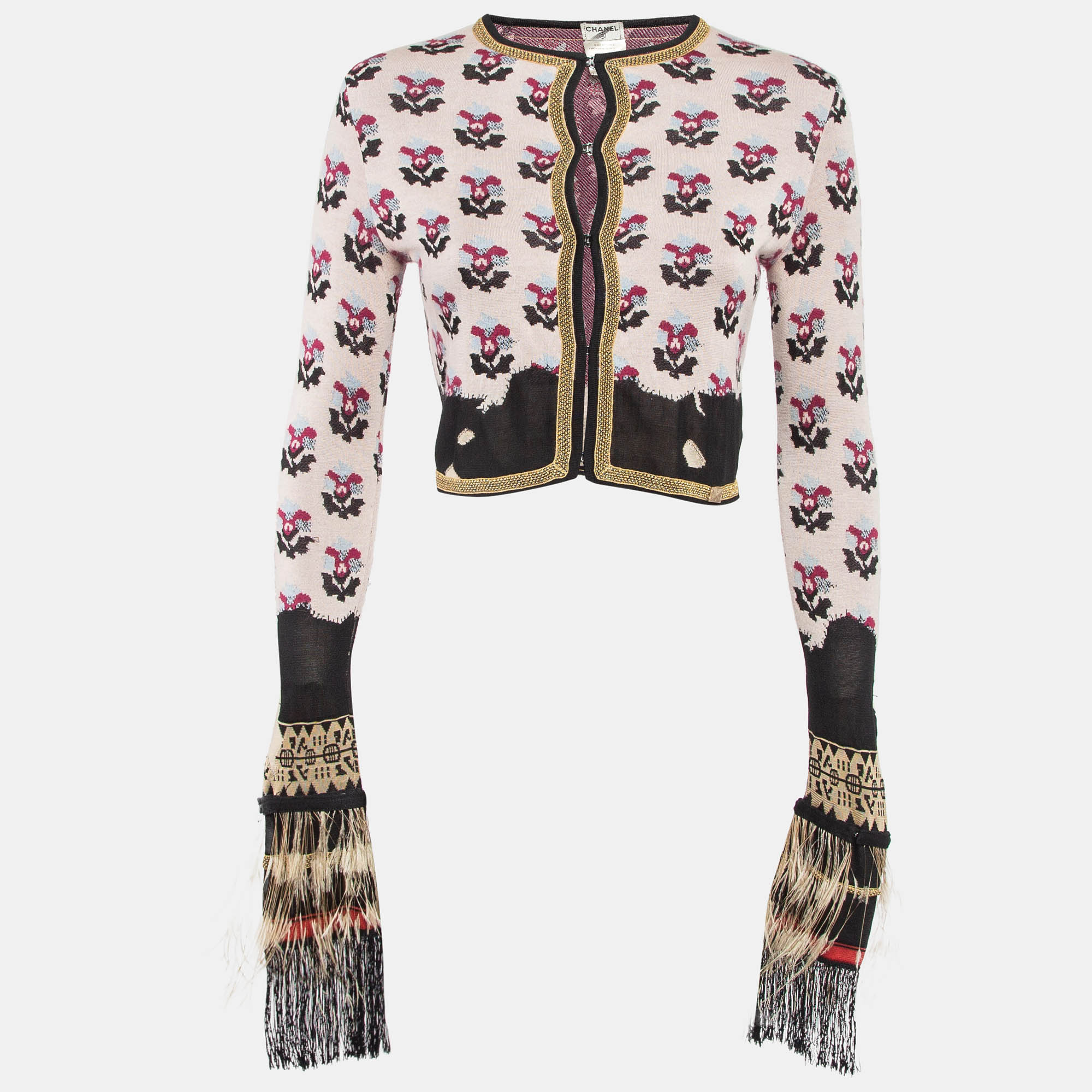 

Chanel Pink Floral Pattern Knit Feather Fringe Detail Cropped Cardigan S