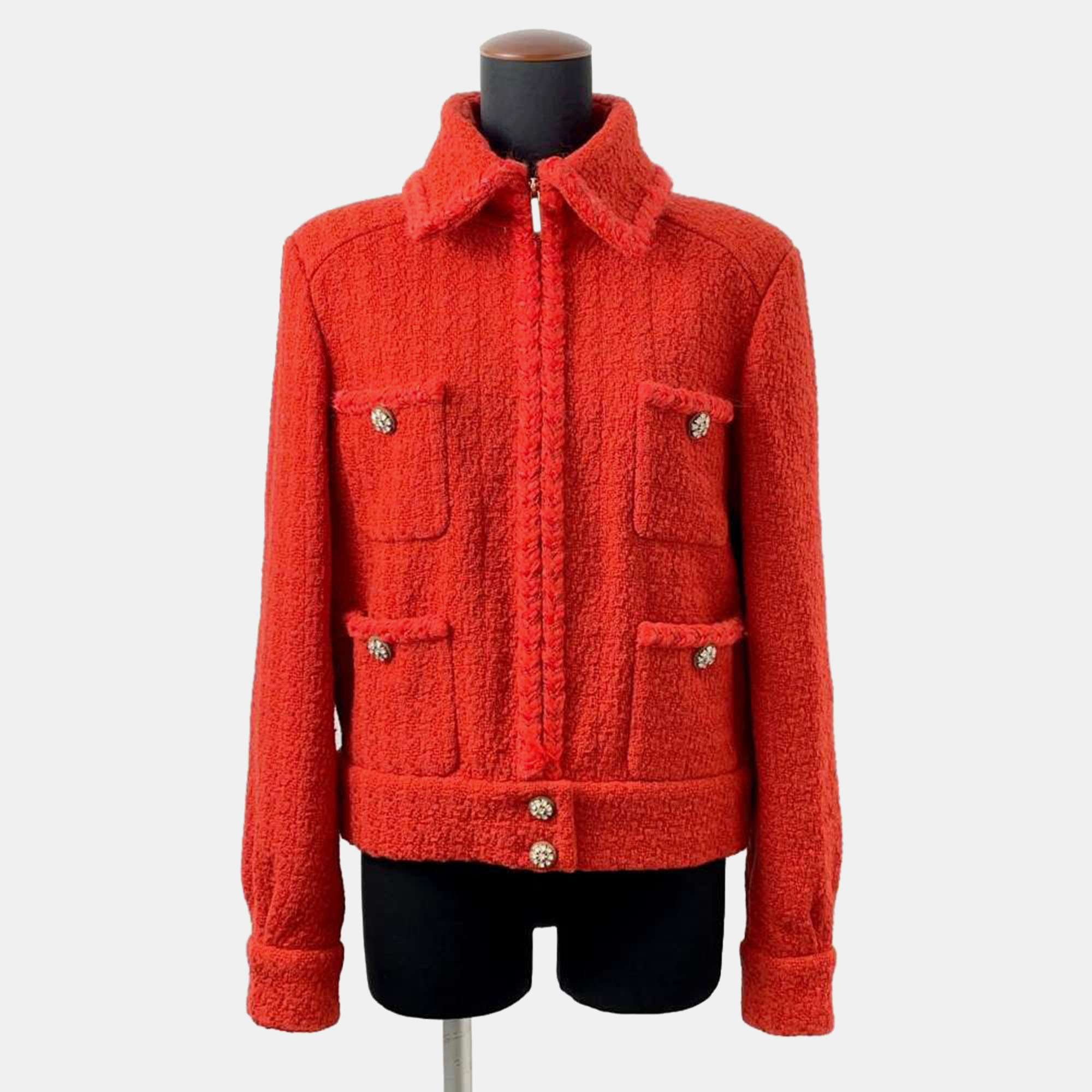 Pre-owned Chanel Red Wool 100% Tweed Zip Jacket Size 36