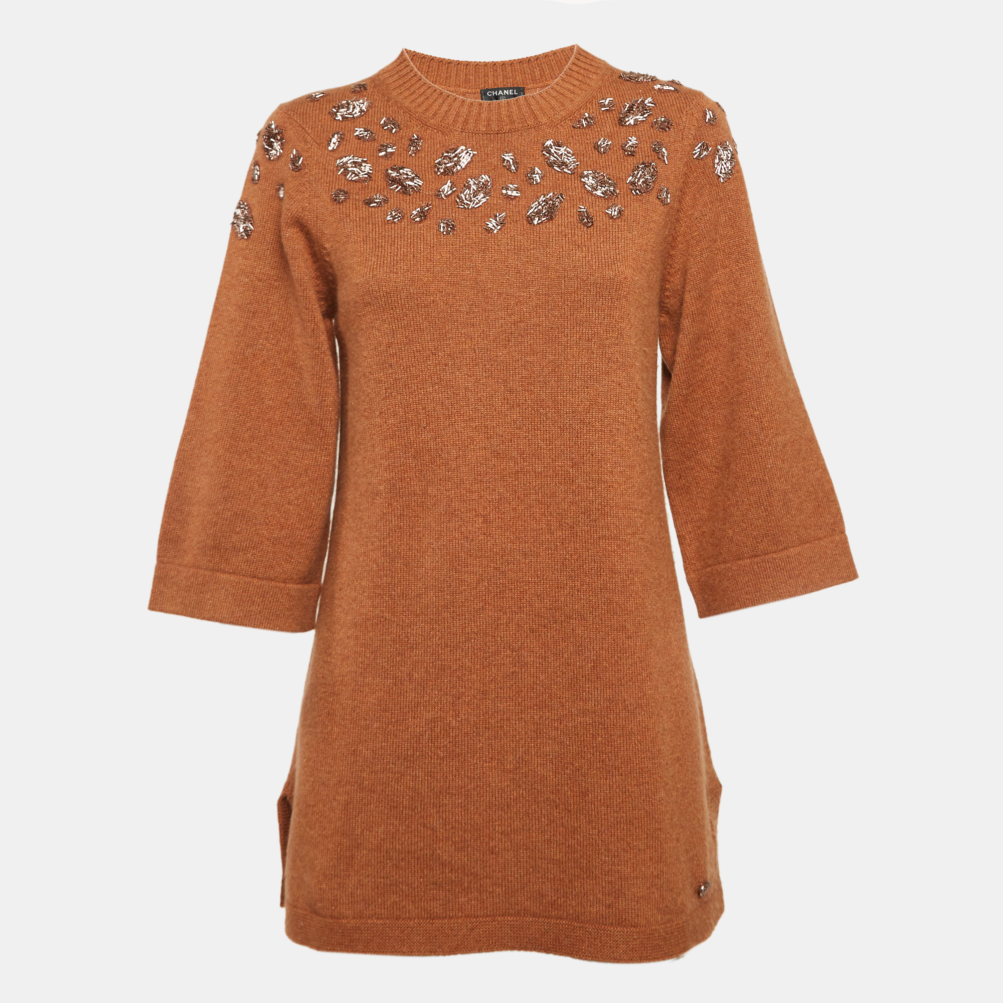 

Chanel Brown Embellished Cashmere Knit Tunic Sweater M