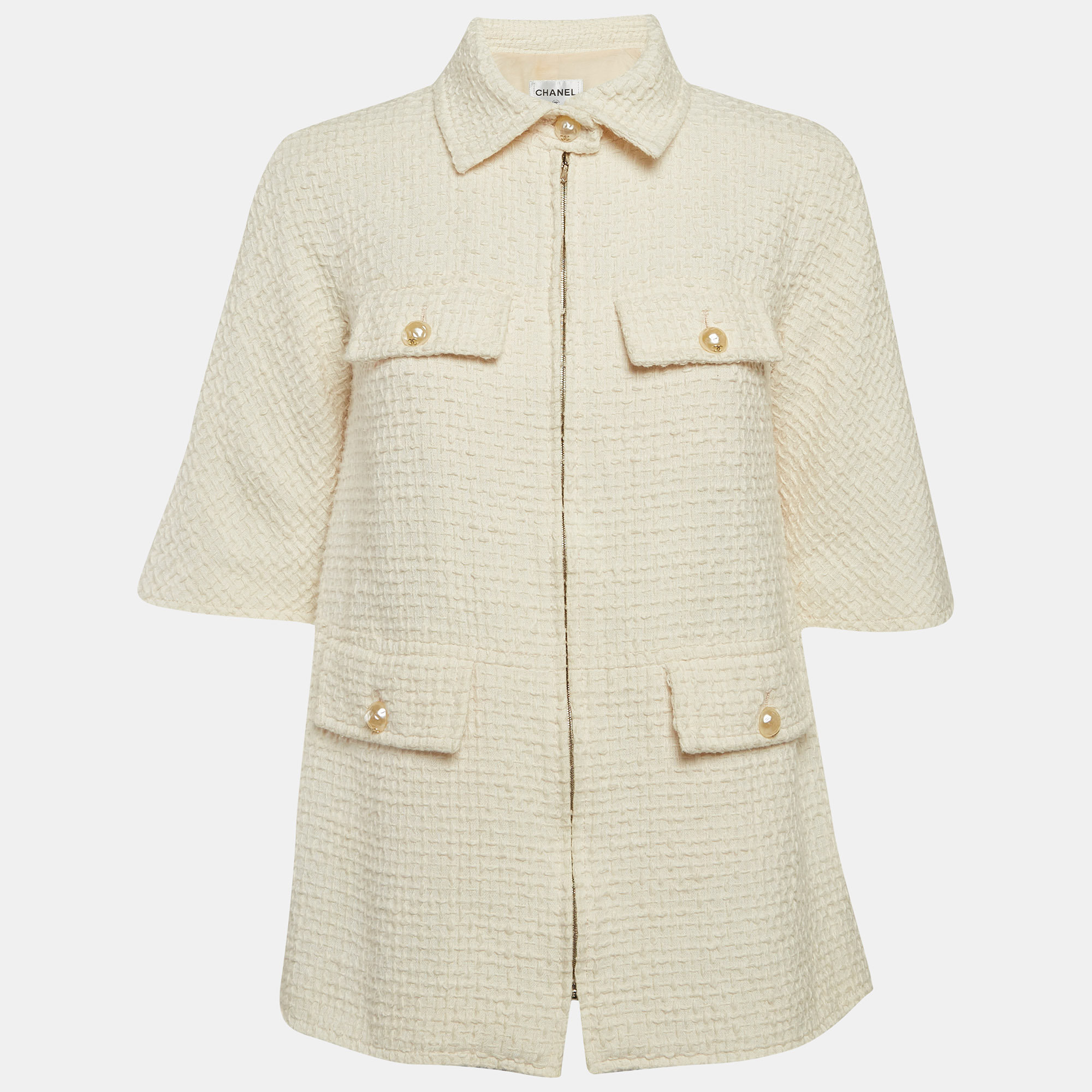 

Chanel White Textured Cotton Pearl Button Detail Zip-Up Jacket M