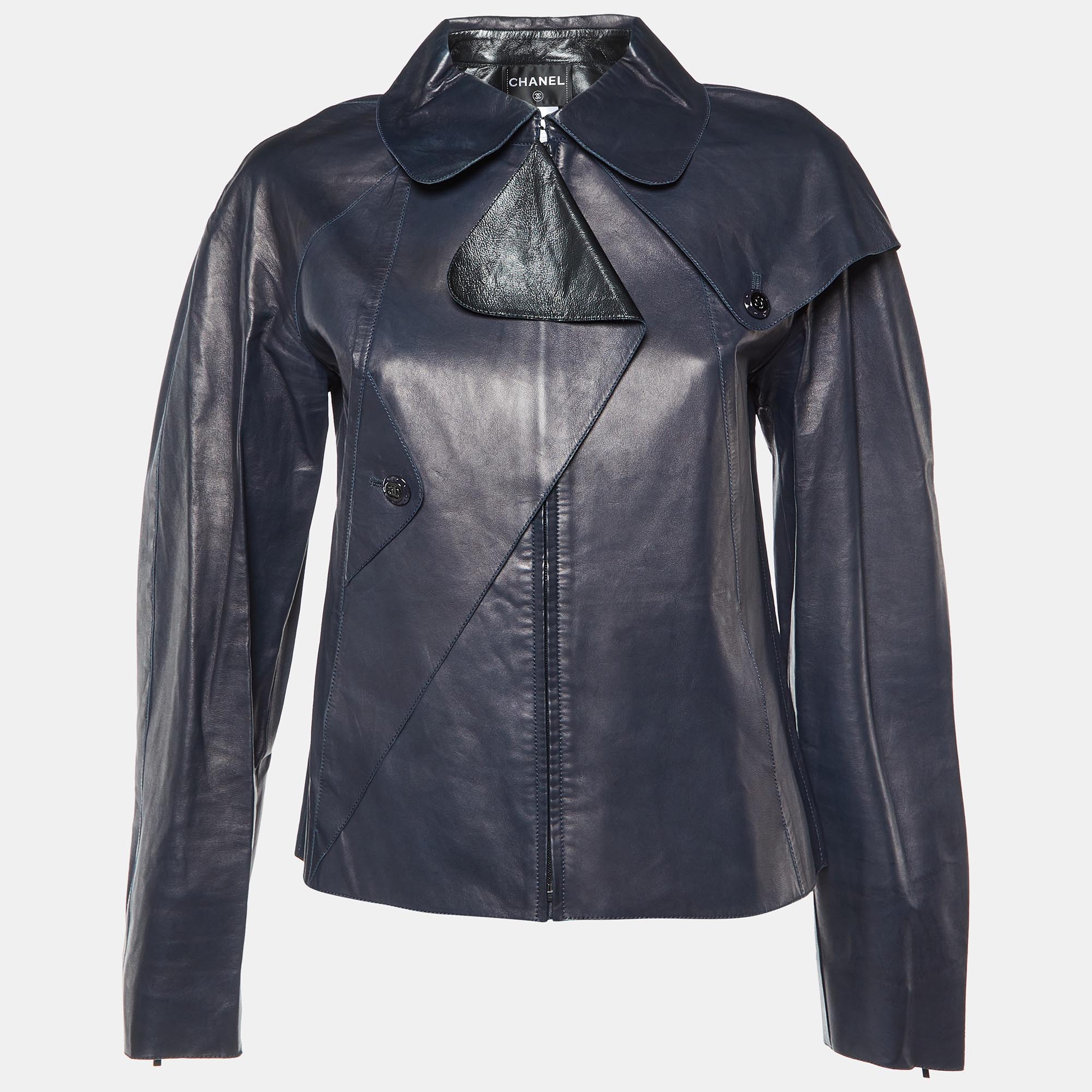 

Chanel Navy Blue Leather Zip-Up Button Detail Jacket M