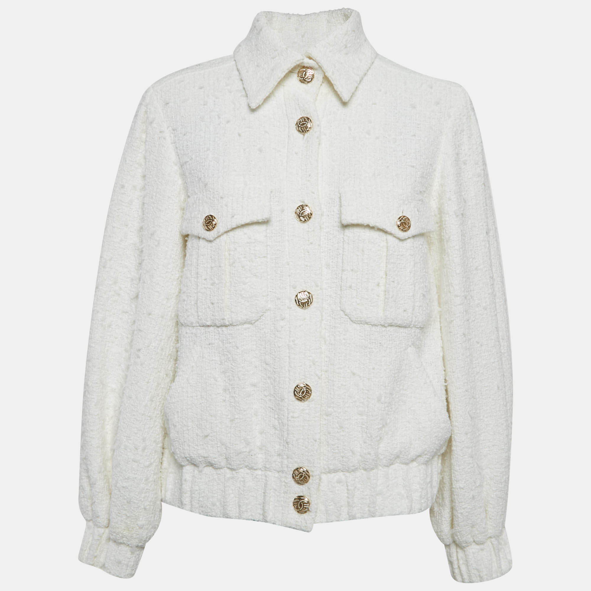 

Chanel Ivory White Tweed Pocketed Button Front Jacket M