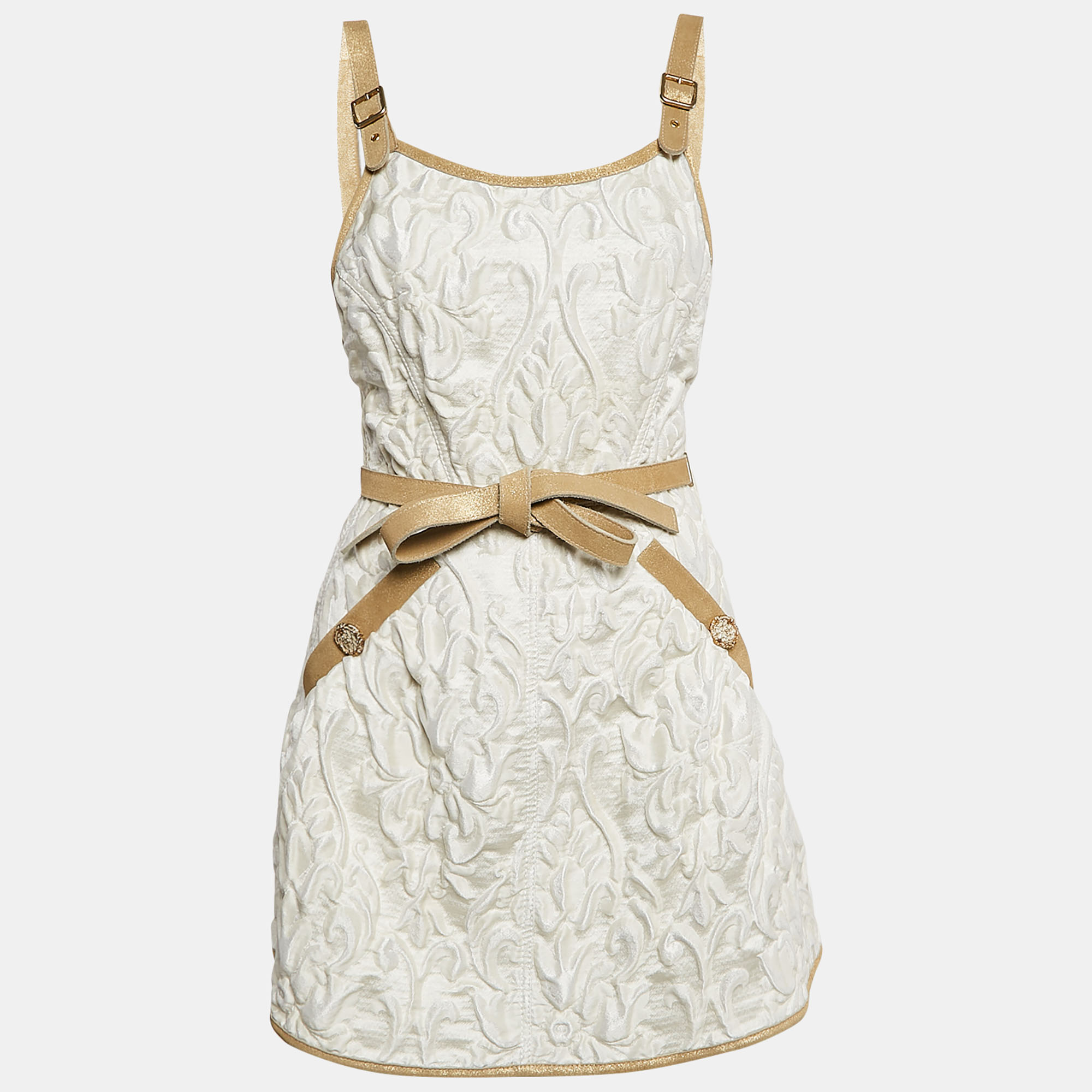 

Chanel White Jacquard Golden Suede Trim Mini Wrap Dress M