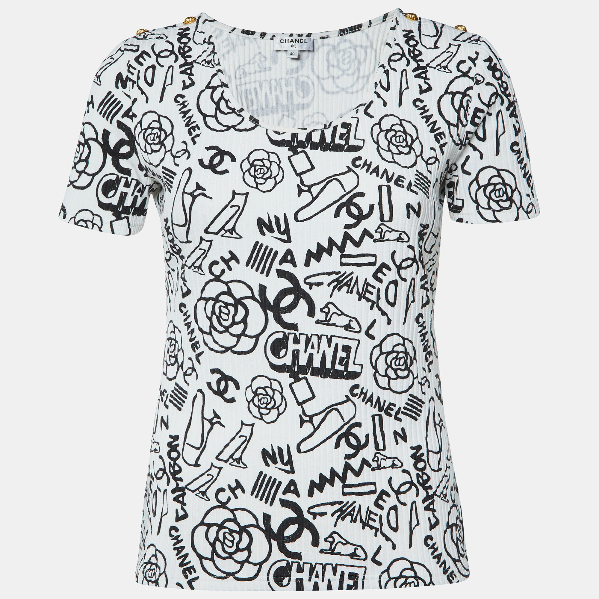 

Chanel White Graffiti Logo Print Rib Knit Crew Neck Top M