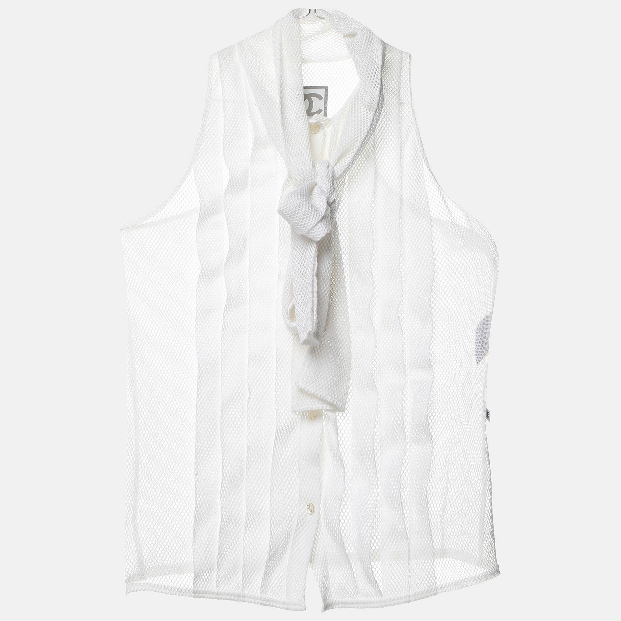 

Chanel White Mesh Neck Tie Button Front Shirt S